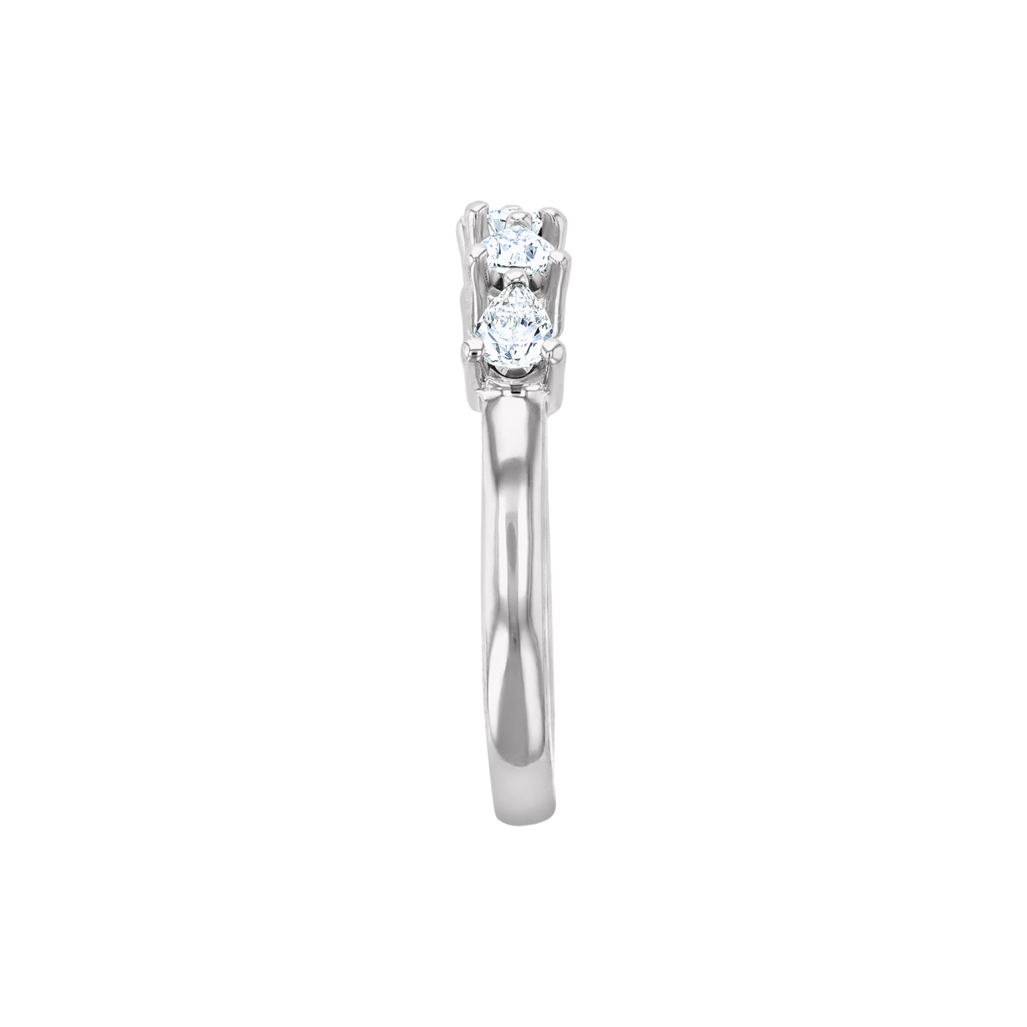 14K white gold three-stone diamond ring with pear and round brilliants, timeless fine jewelry