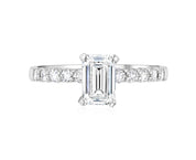 Emerald cut diamond engagement ring with side stones in 14K white gold, timeless fine jewelry