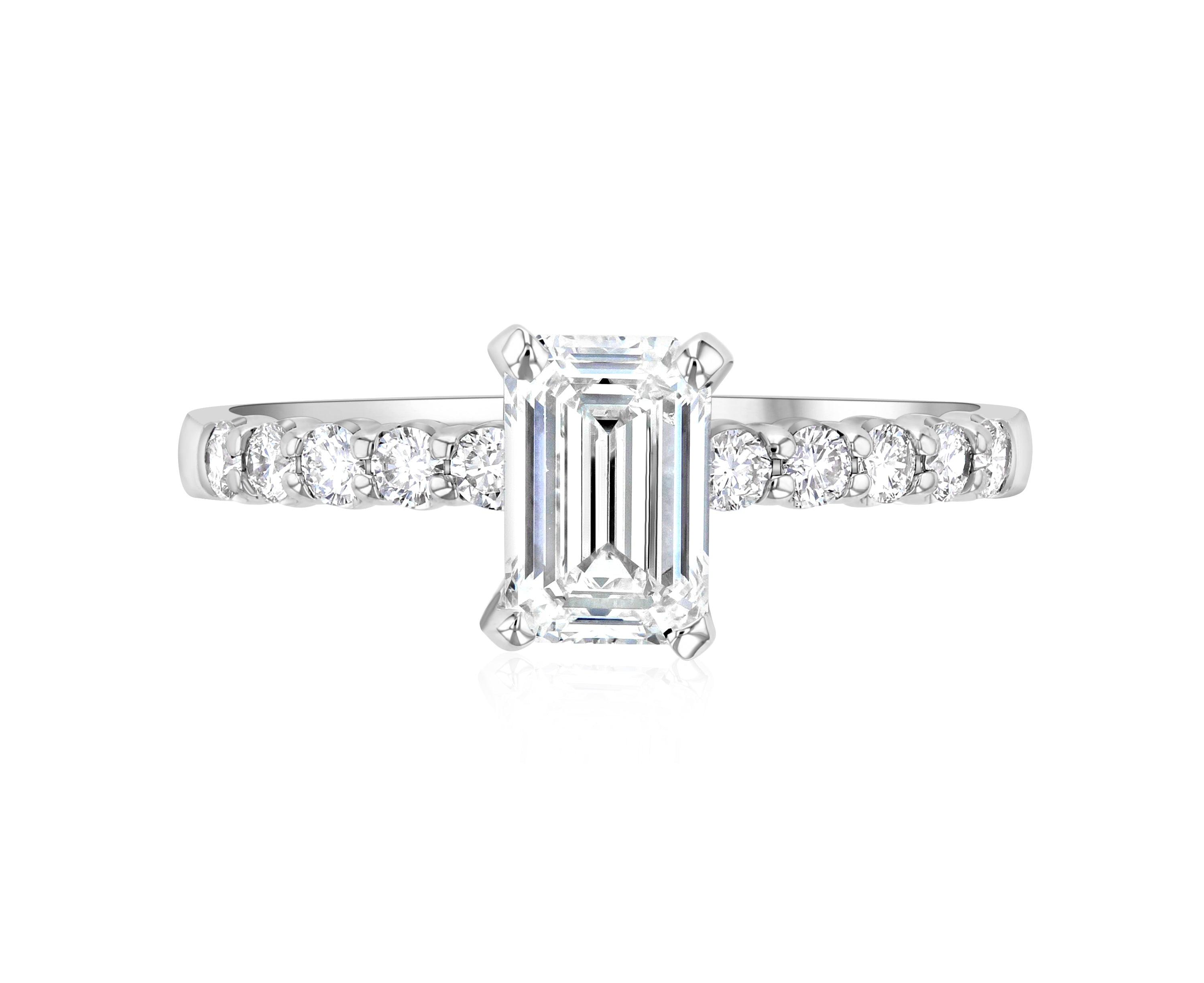 Emerald cut diamond engagement ring with side stones in 14K white gold, timeless fine jewelry