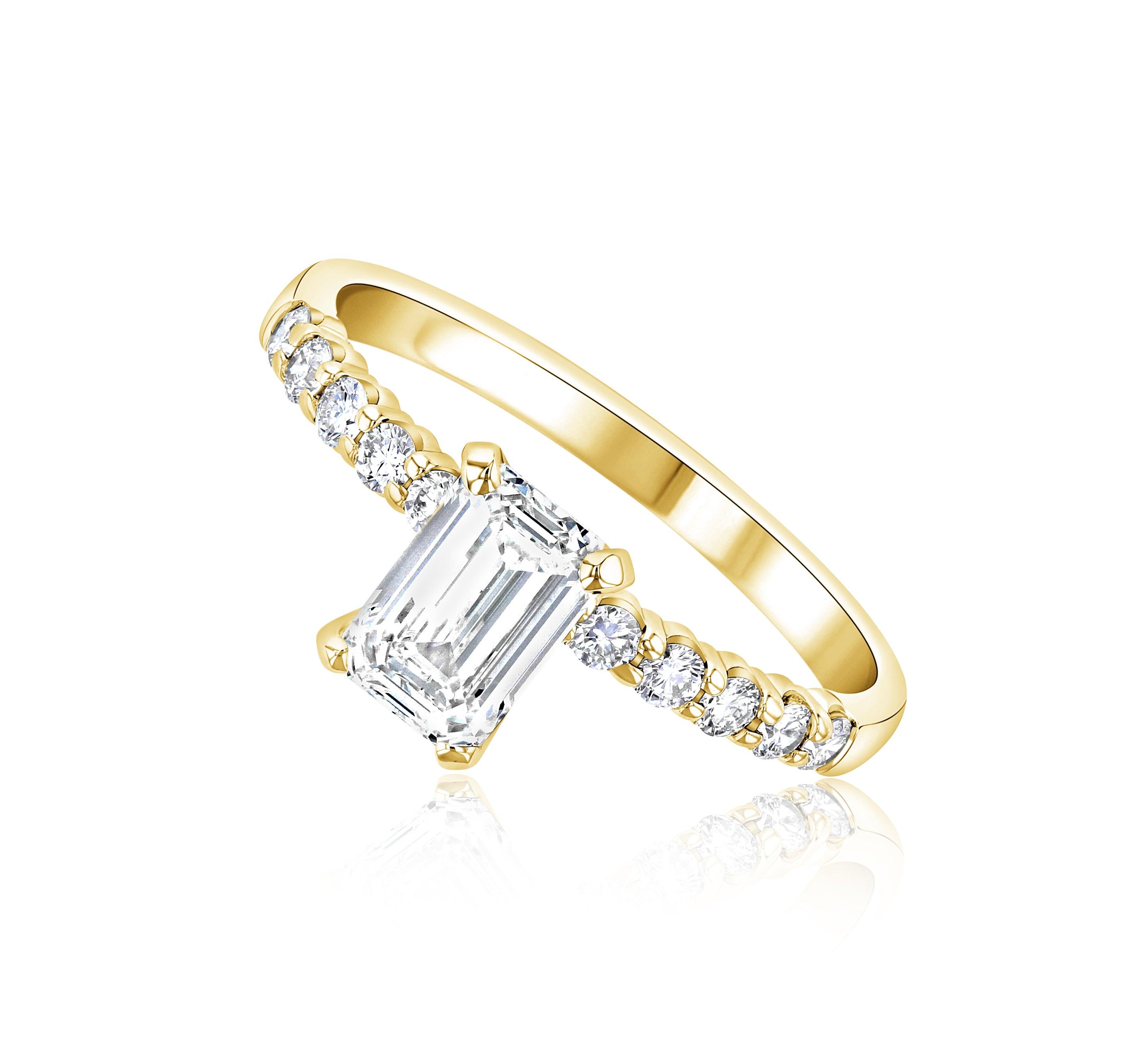 14K gold emerald cut diamond engagement ring with diamond band, timeless fine jewelry