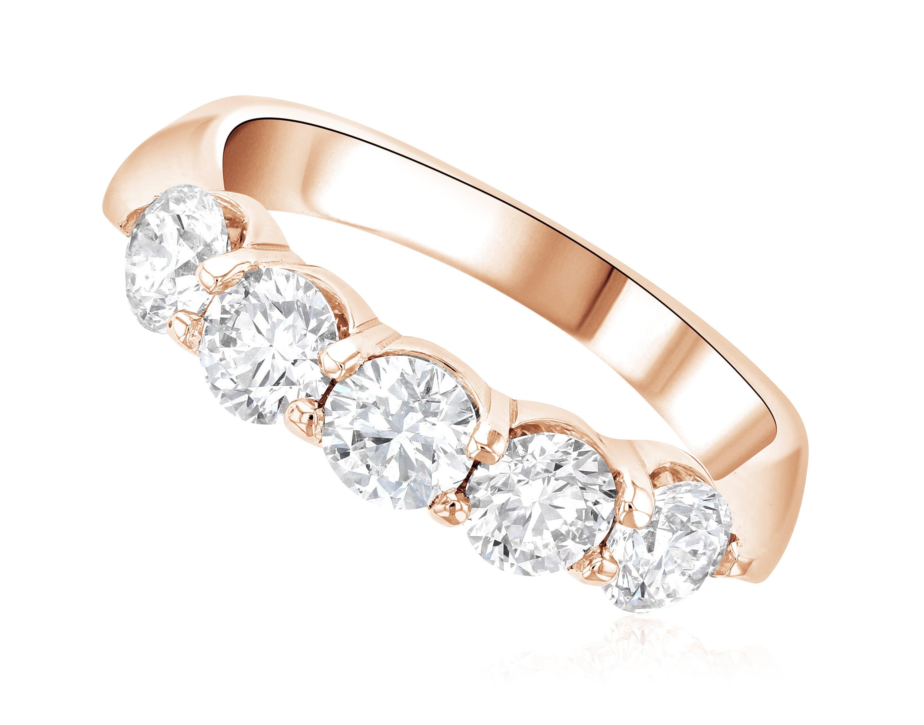 14K rose gold diamond ring with five round brilliant stones, timeless fine jewelry design