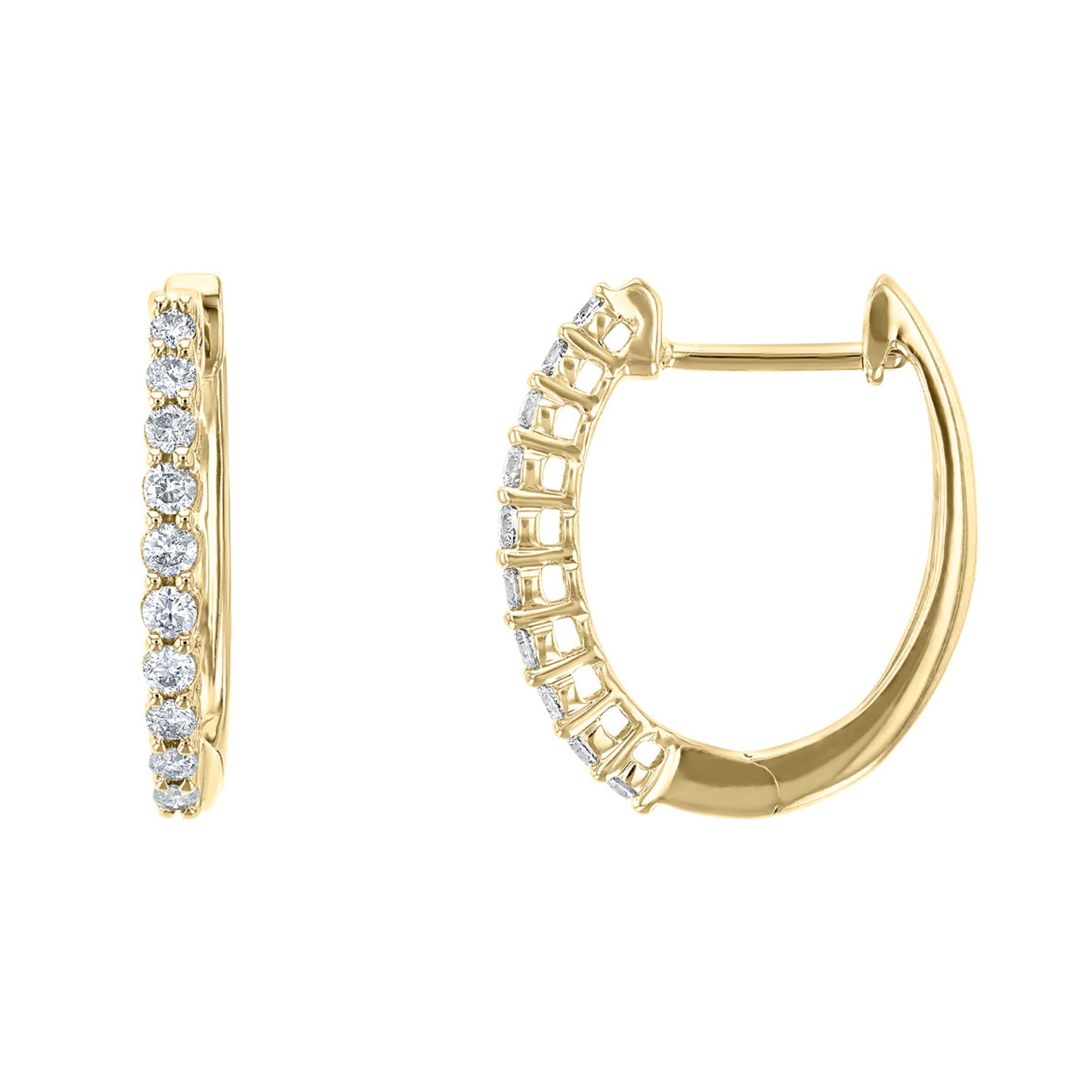 14K gold diamond hoop earrings with round brilliant stones, timeless fine jewelry for everyday wear