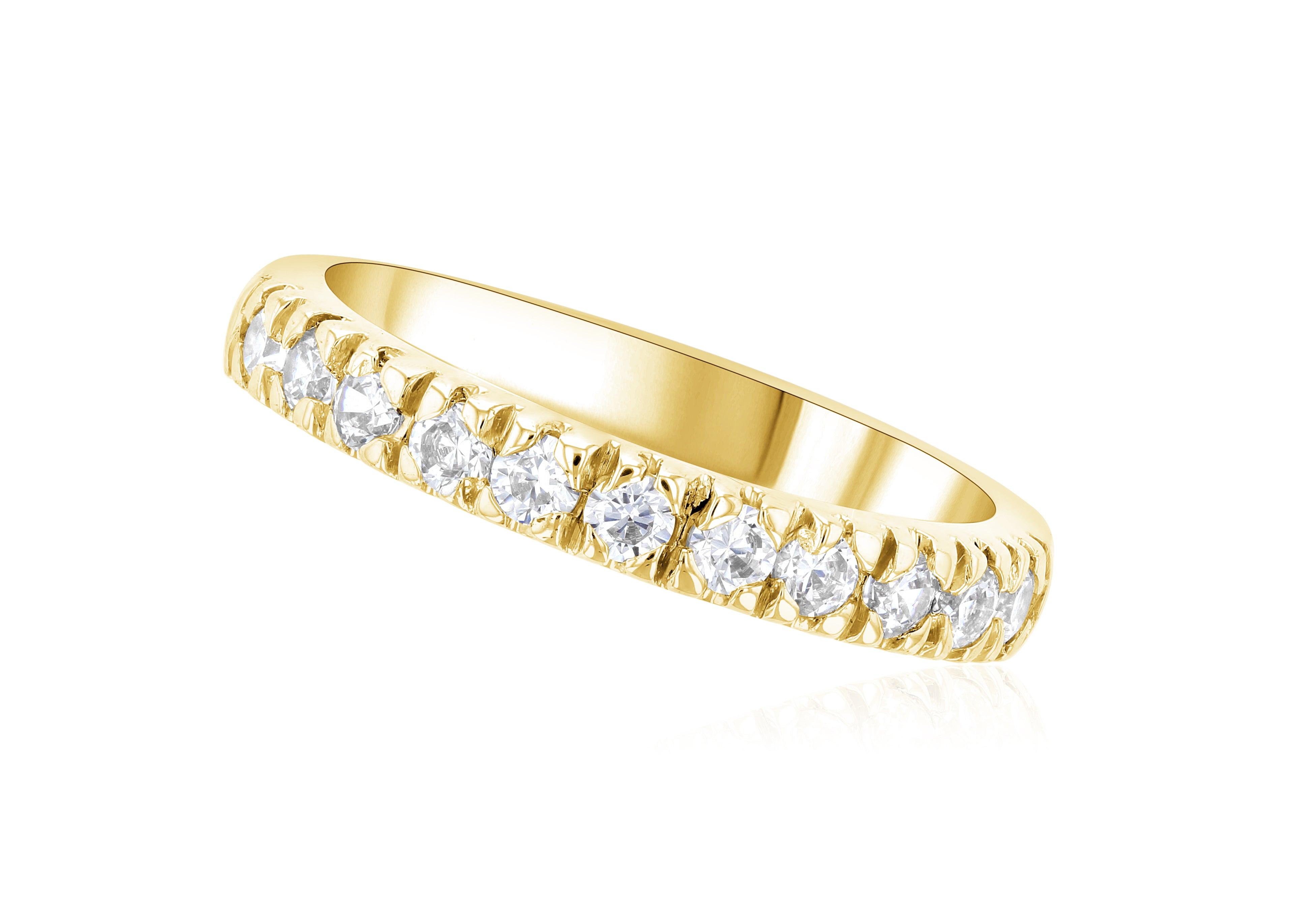 14K gold diamond eternity band with round brilliant stones set in prongs, timeless fine jewelry