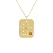 14K gold pendant necklace with diamond accents, star engraving, and orange gemstone on dog tag design