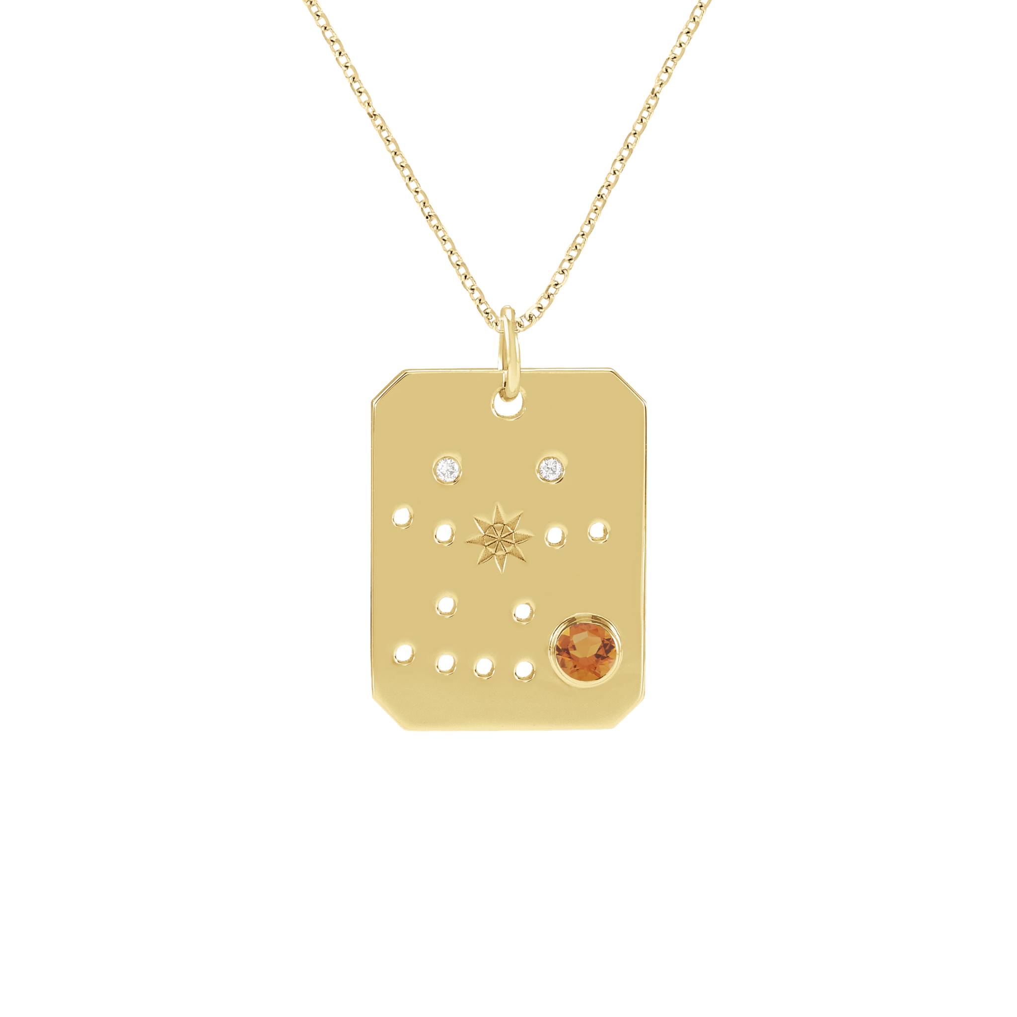 14K gold pendant necklace with diamond accents, star engraving, and orange gemstone on dog tag design