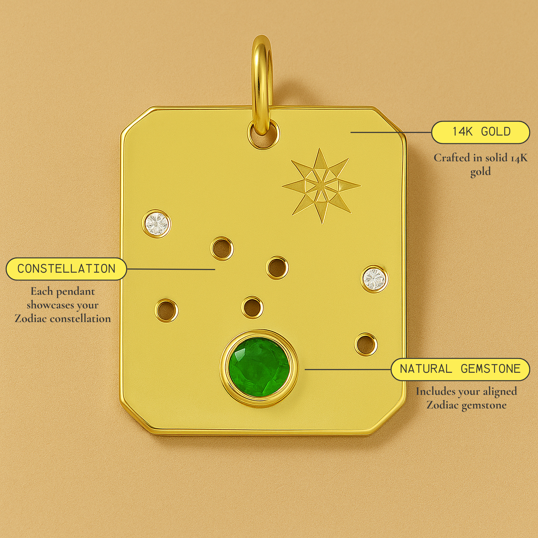 14K gold zodiac pendant with natural gemstone and constellation design, crafted for everyday wear
