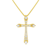 14K gold cross necklace with diamond accents on box chain, timeless fine jewelry piece