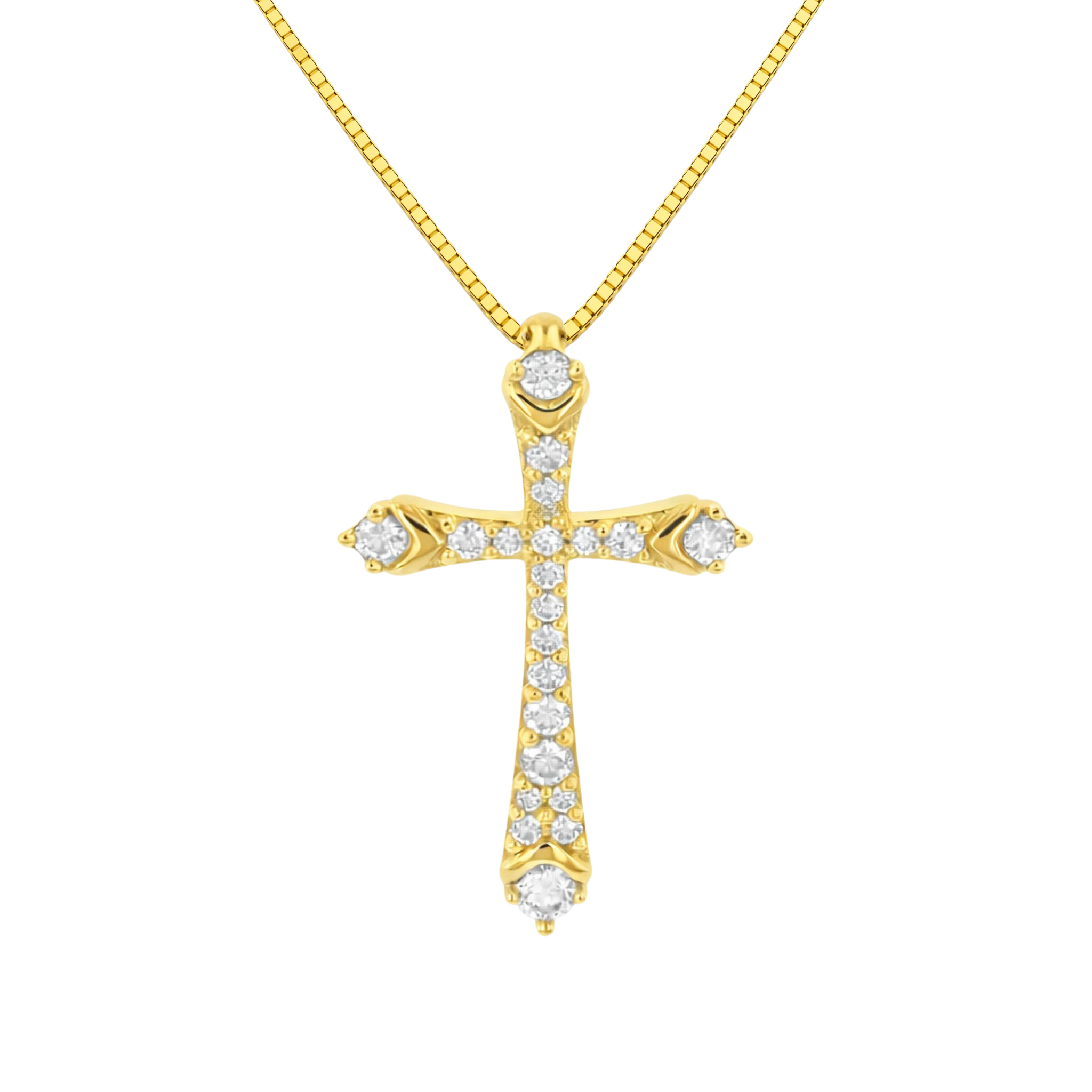 14K gold cross necklace with diamond accents on box chain, timeless fine jewelry piece
