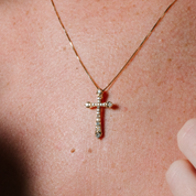 14K gold cross necklace with diamonds, delicate chain worn on skin, timeless fine jewelry