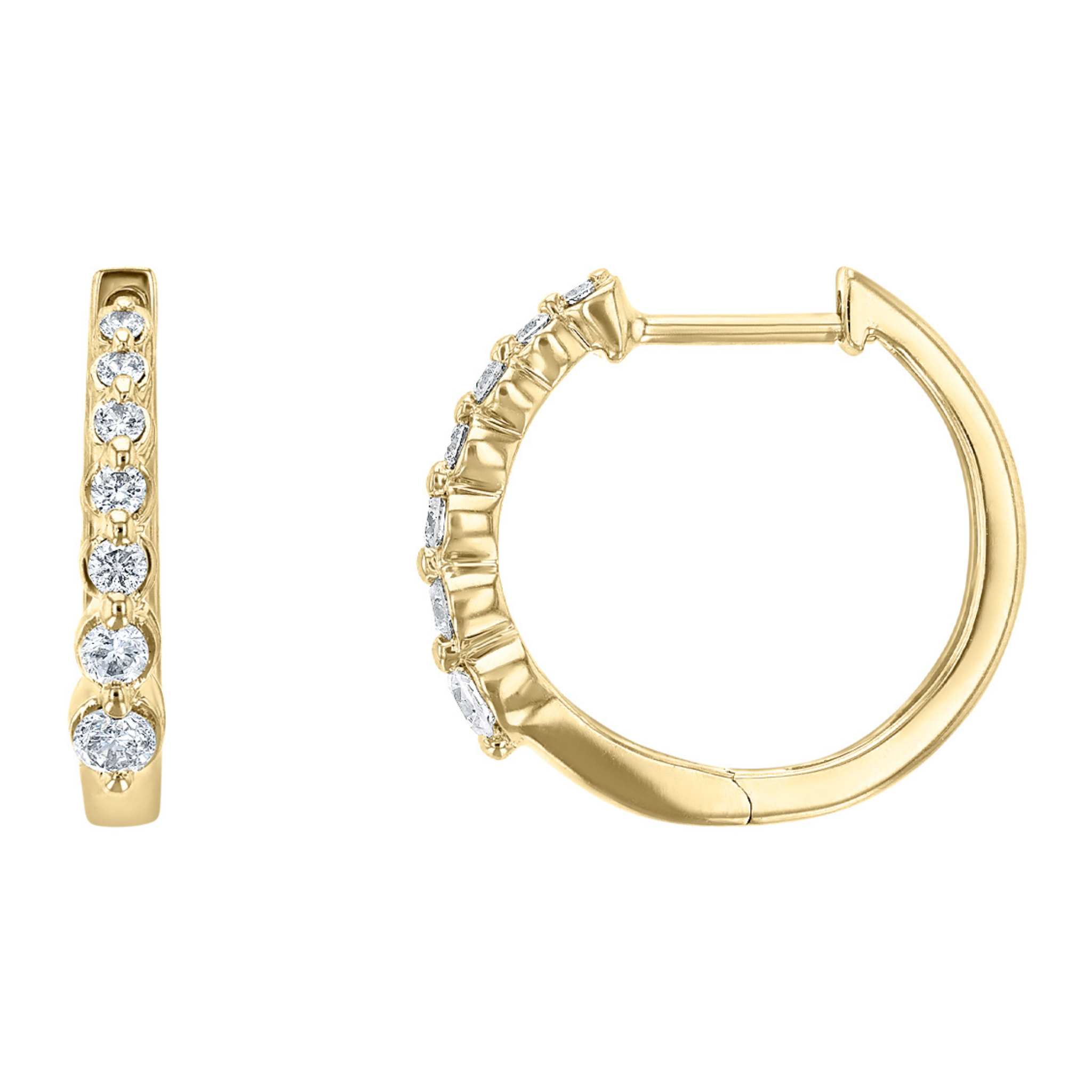14K gold hoop earrings with round diamonds, timeless fine jewelry for everyday wear