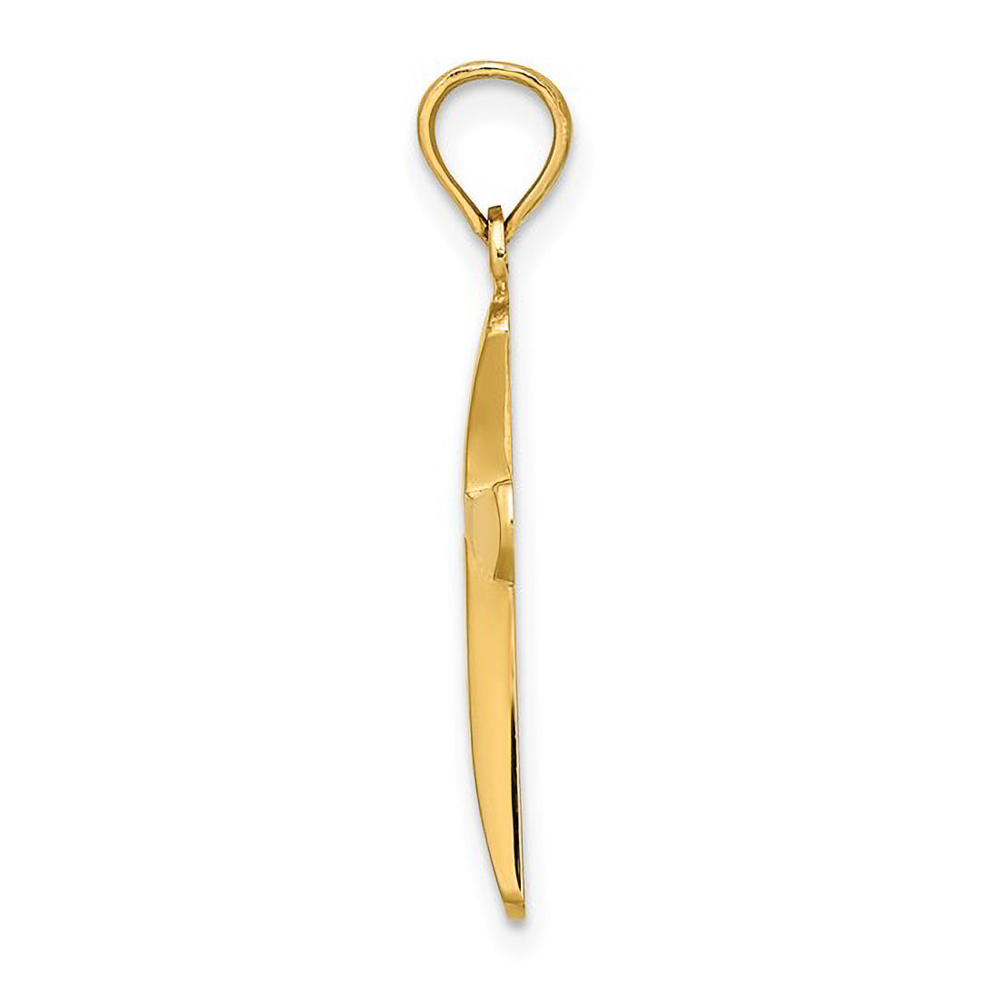 14K gold pendant with sleek, elongated design and looped top for necklace wear