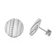 Round diamond stud earrings in 14K white gold with striped design, perfect for everyday wear