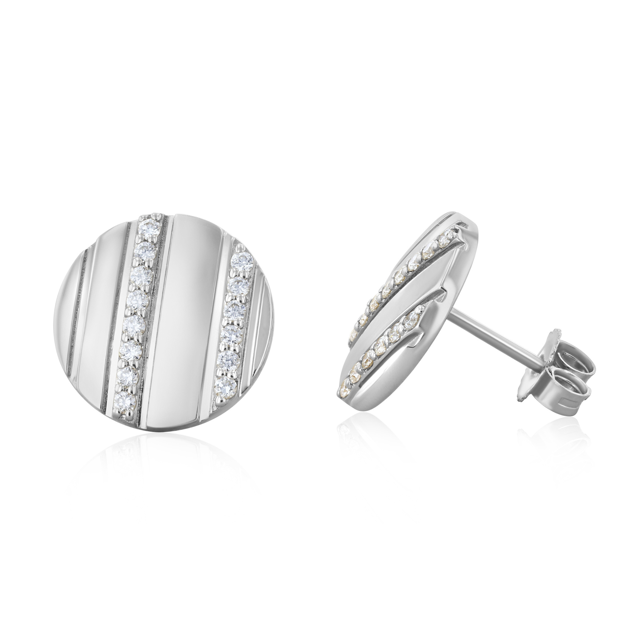 Round diamond stud earrings in 14K white gold with striped design, perfect for everyday wear