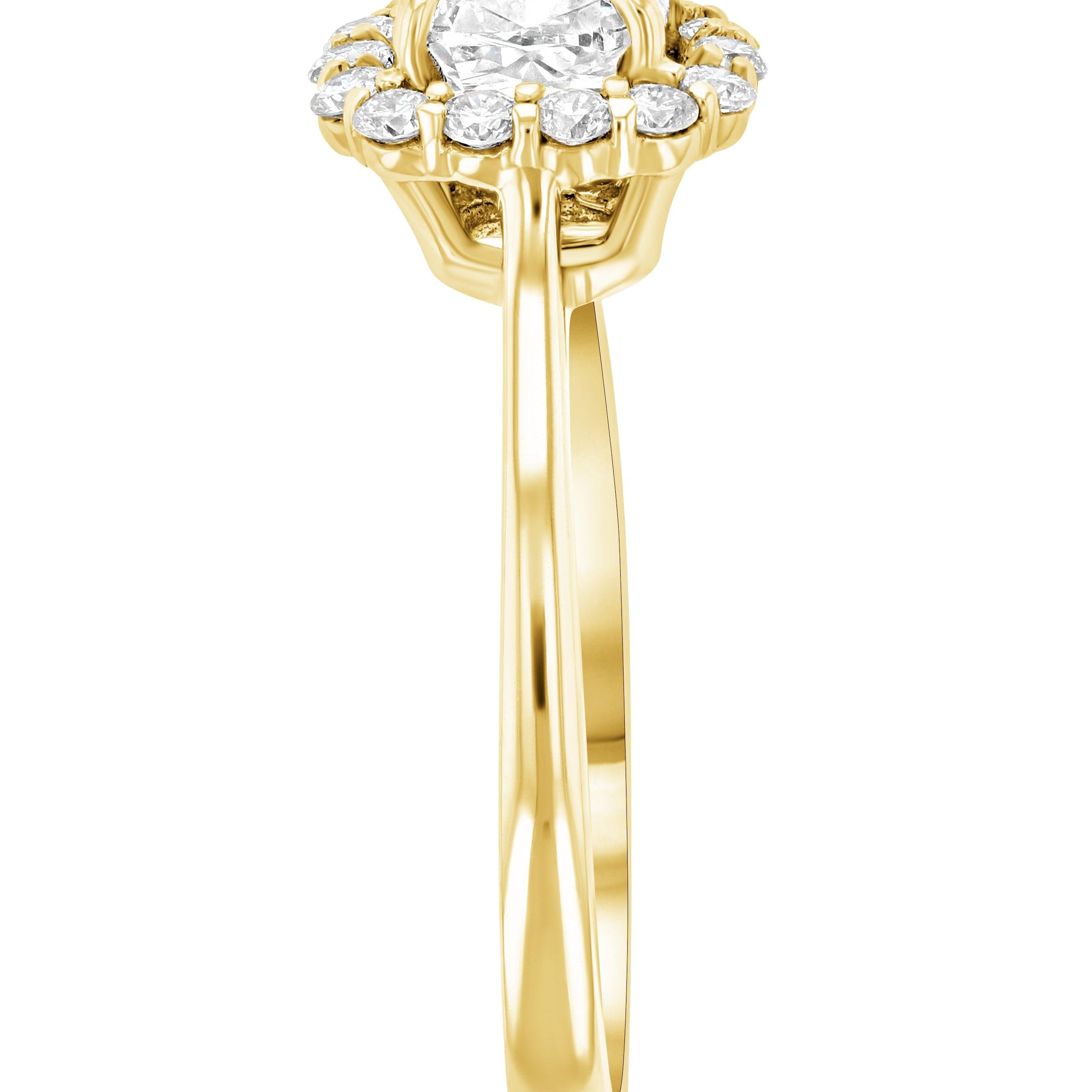 14K yellow gold diamond engagement ring with halo setting and round center stone