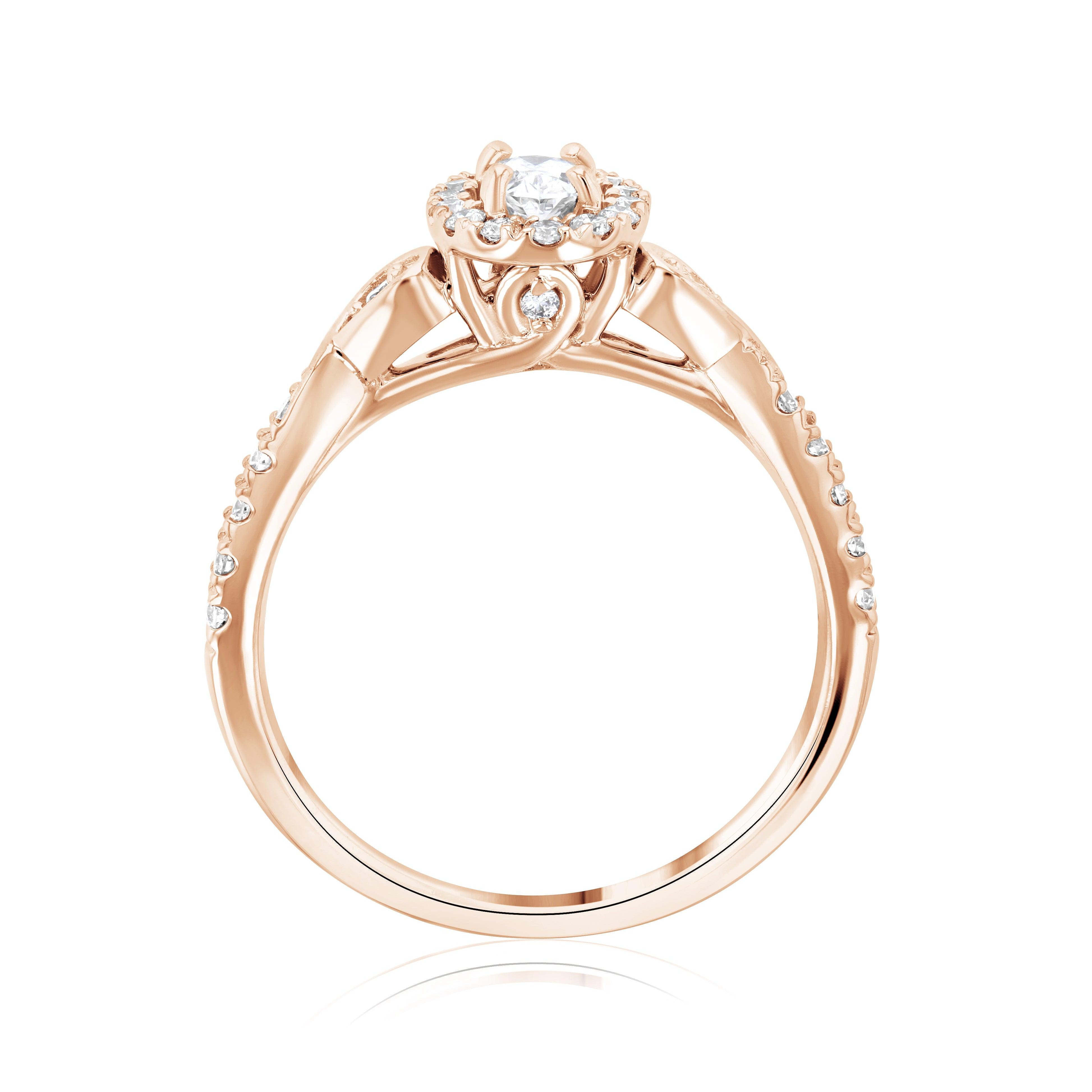 Rose gold diamond engagement ring with halo and side accents, timeless fine jewelry design