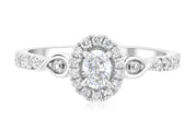 Oval diamond halo engagement ring in 14K white gold with side accents and twisted band