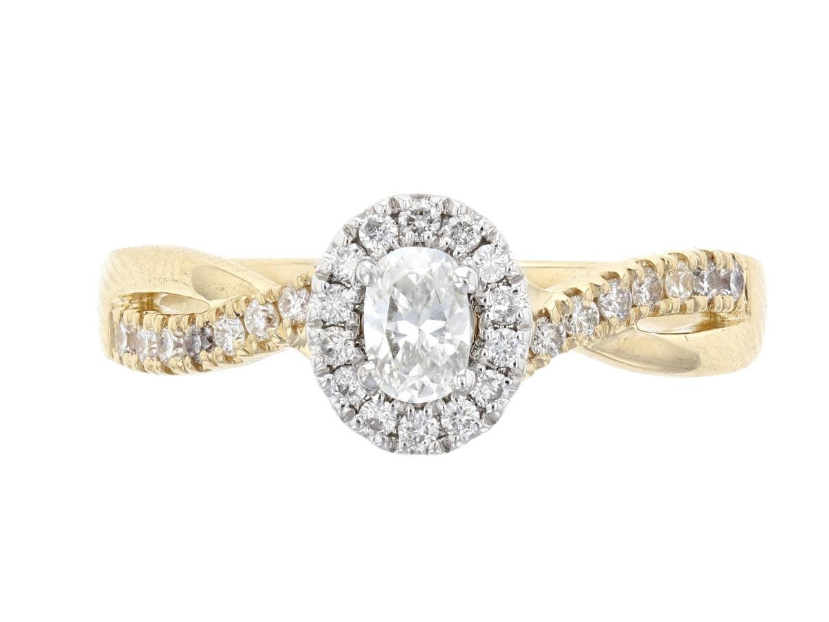 14K gold diamond engagement ring with oval center stone and halo, twisted band design