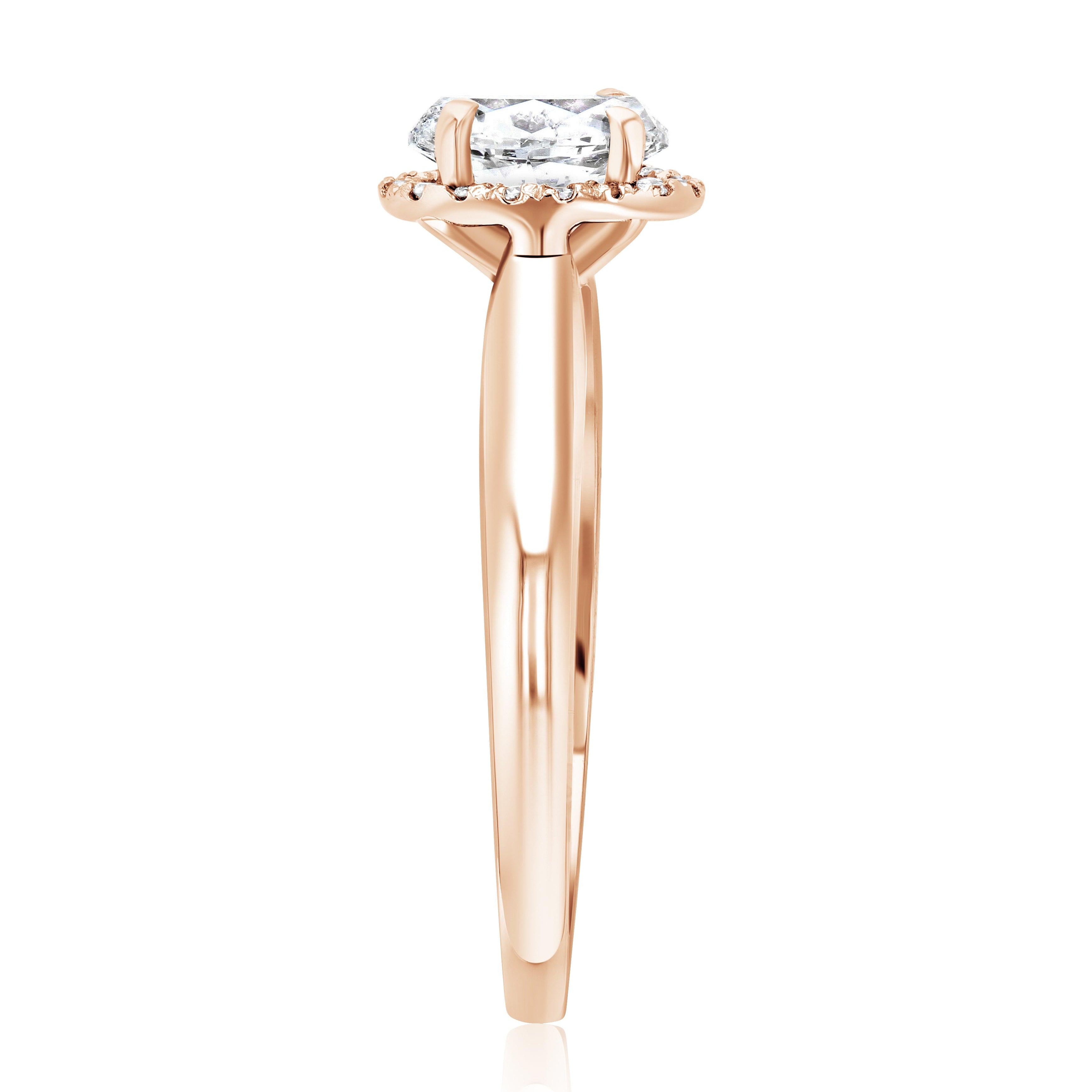 Rose gold engagement ring with round diamond and halo, 14K fine jewelry