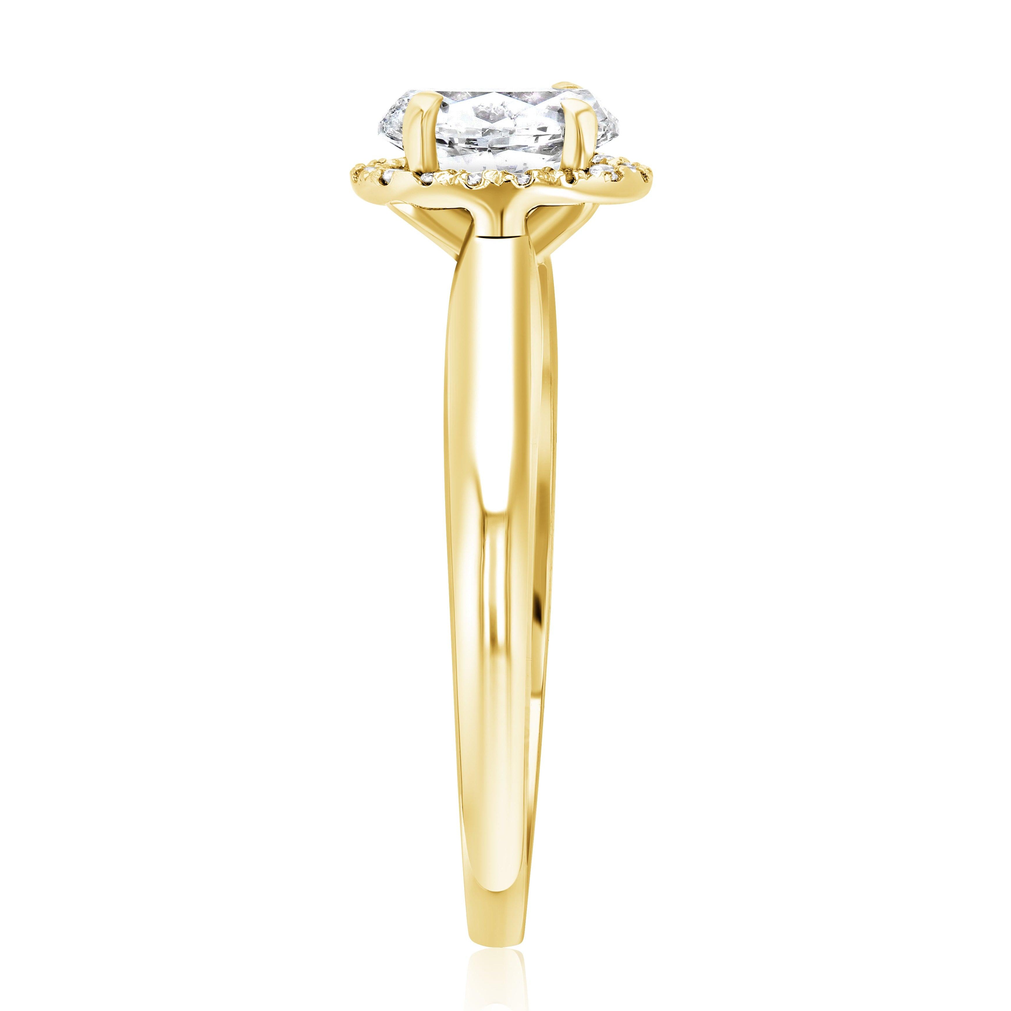 14K gold diamond engagement ring with halo setting and prong mount