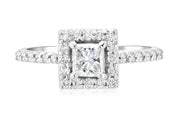 Princess cut diamond engagement ring with halo and pave band in 14K white gold
