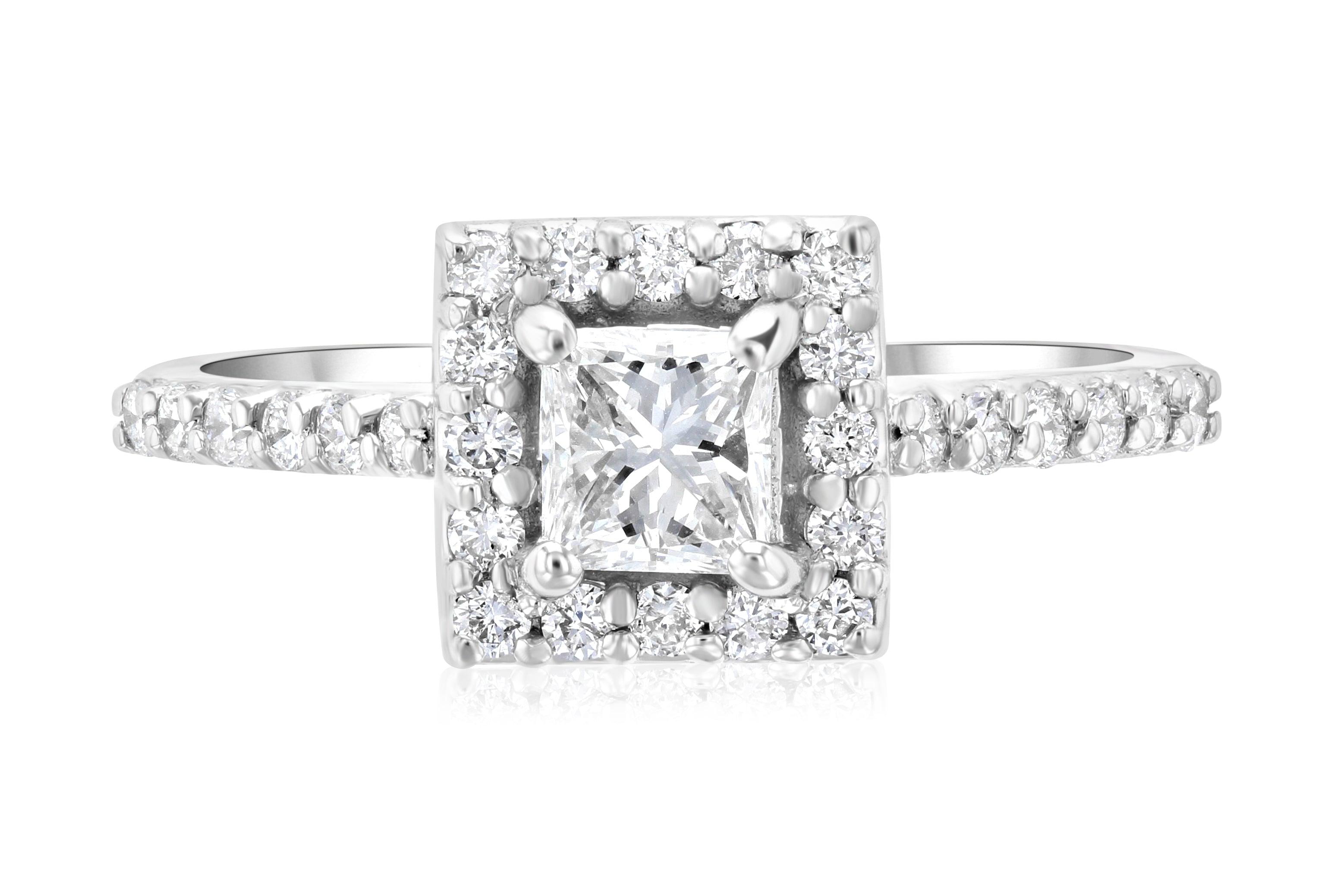 Princess cut diamond engagement ring with halo and pave band in 14K white gold