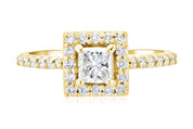 14K yellow gold engagement ring with princess cut diamond and halo, timeless fine jewelry