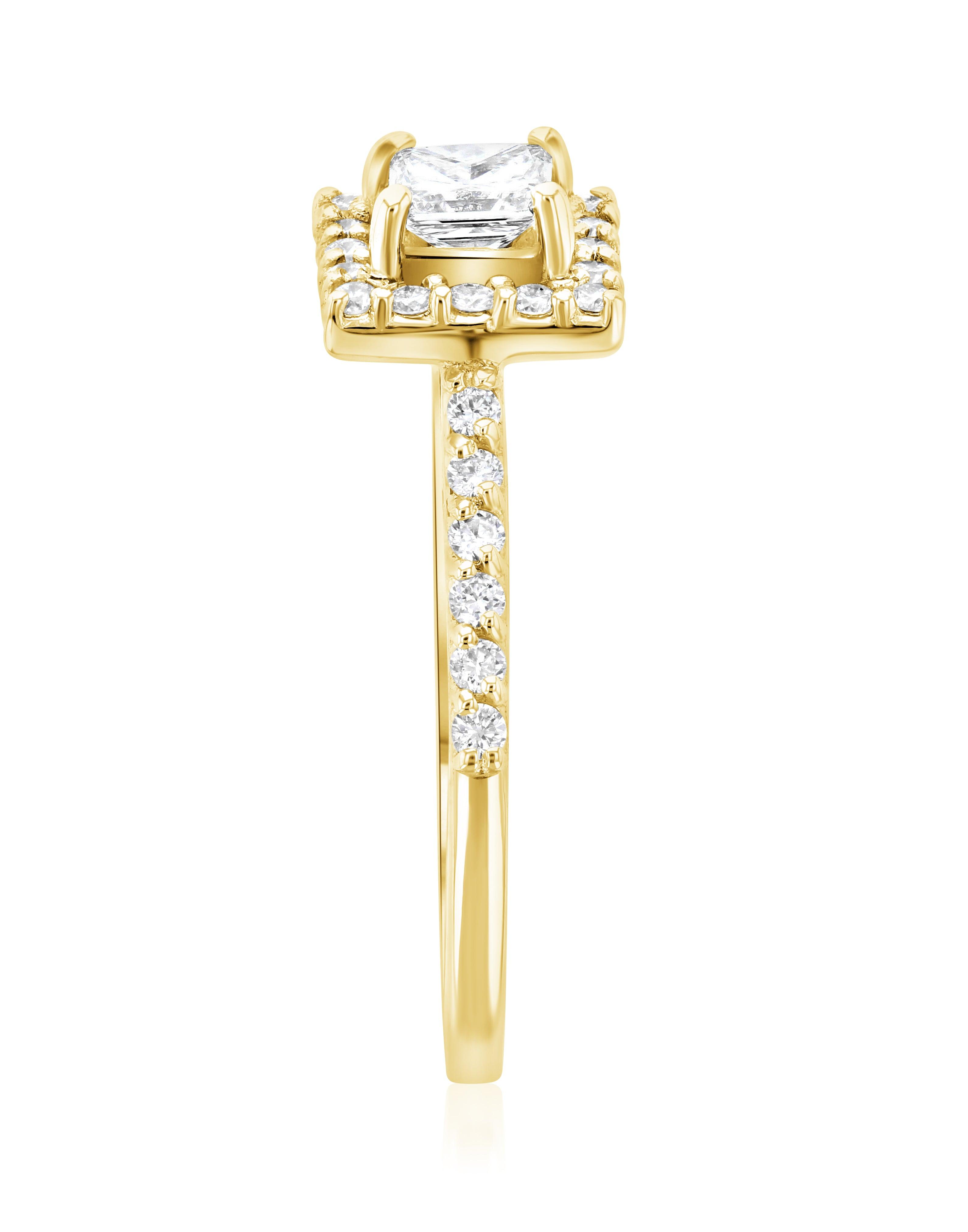 14K gold diamond engagement ring with cushion center stone and side accents, timeless fine jewelry