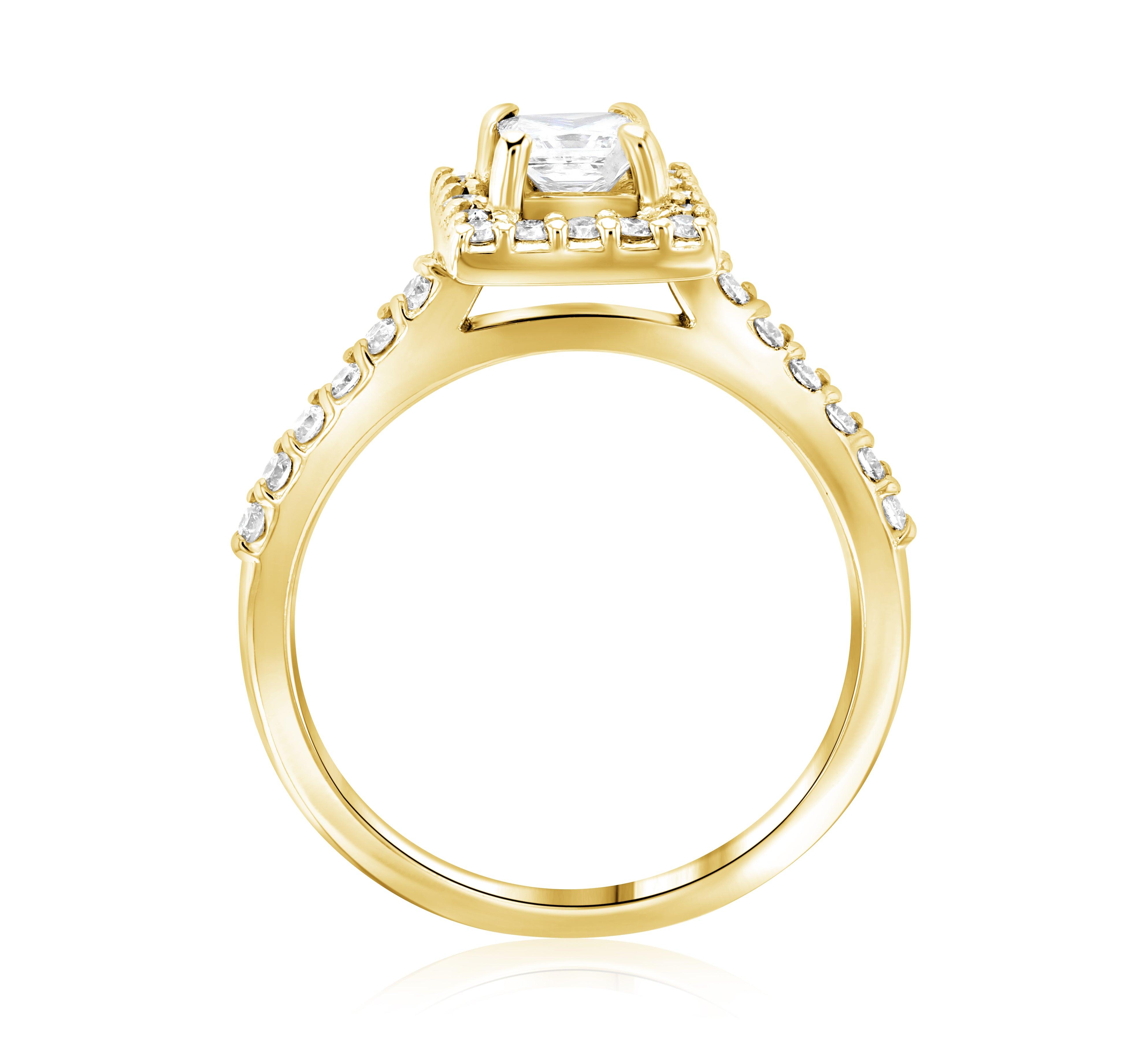 14K gold engagement ring with cushion-cut diamond center and diamond halo, side view
