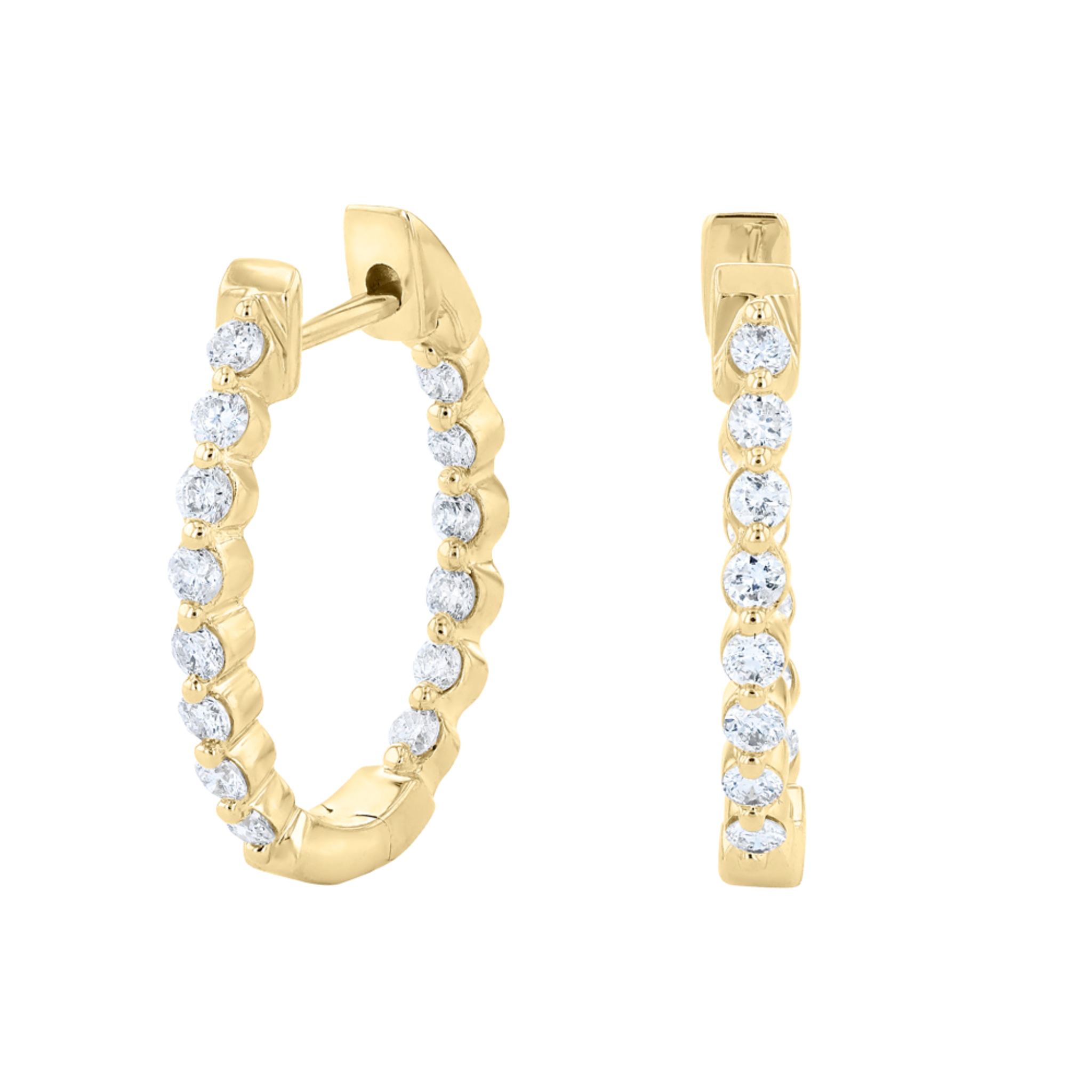 14K gold diamond hoop earrings with round brilliant stones, timeless fine jewelry for everyday wear