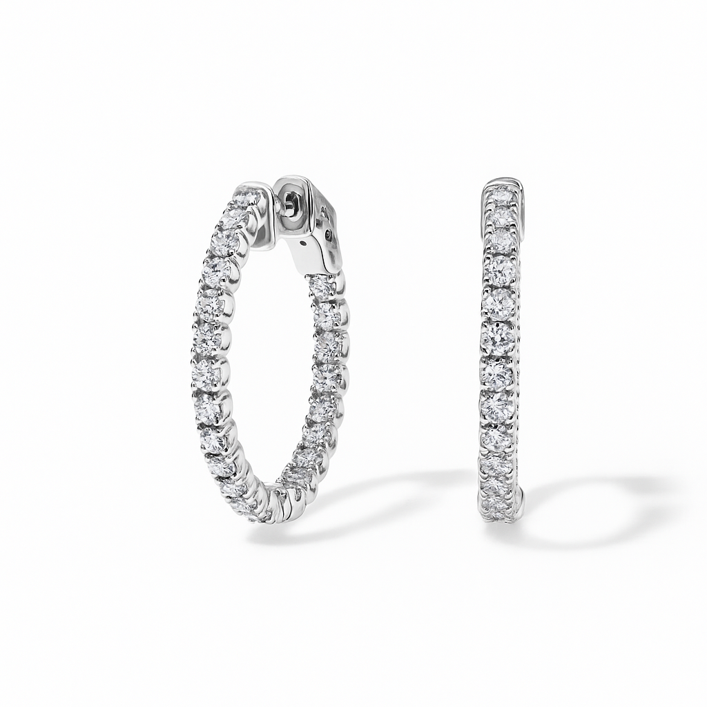 14K gold diamond hoop earrings, timeless fine jewelry with sparkling round diamonds set in elegant design