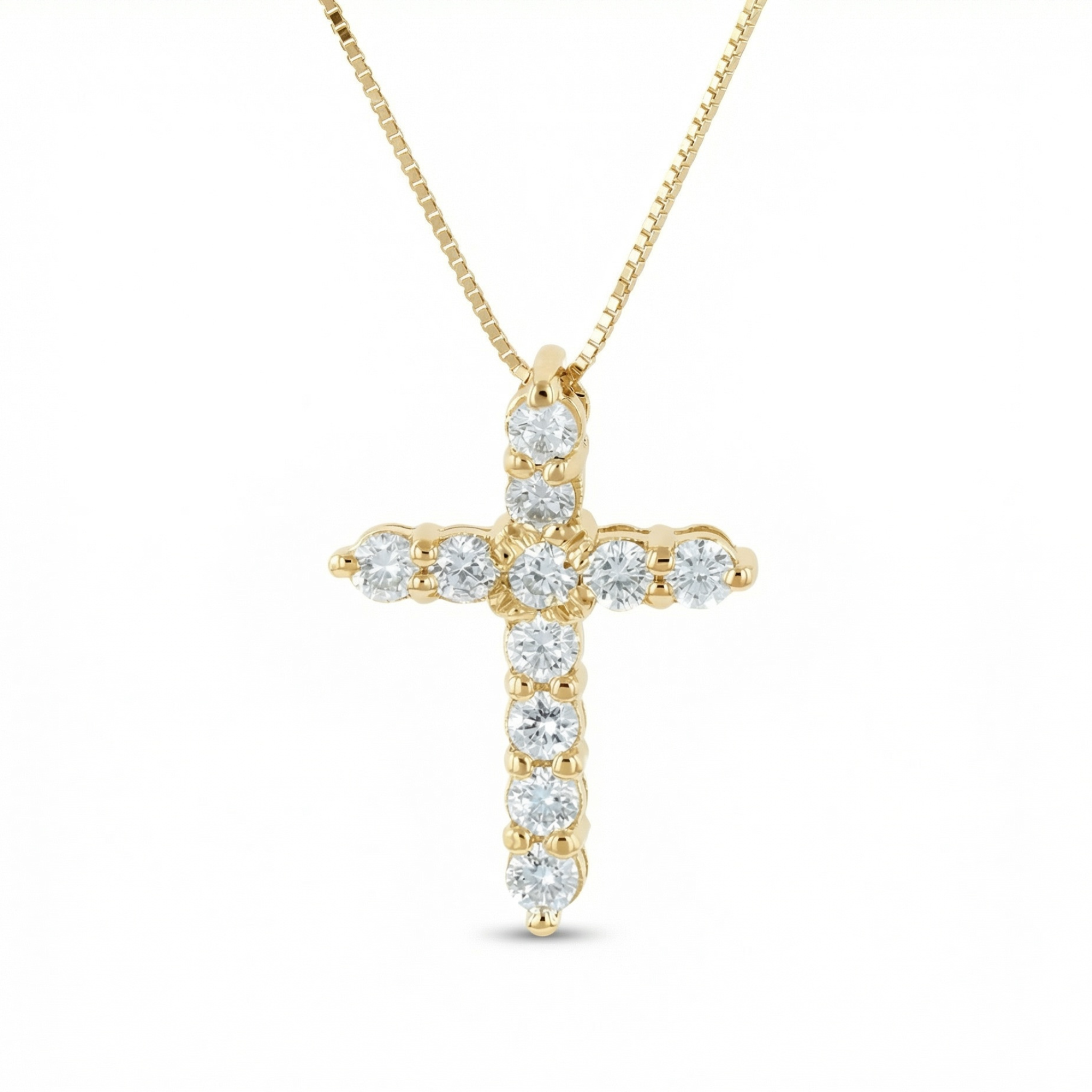 14K gold diamond cross pendant necklace with box chain, timeless fine jewelry for everyday wear