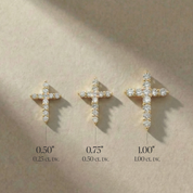 Three diamond cross pendants in 14K gold, varying sizes with total carat weights shown, ideal for everyday fine jewelry.
