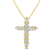 14K gold diamond cross pendant necklace with round brilliant stones on box chain