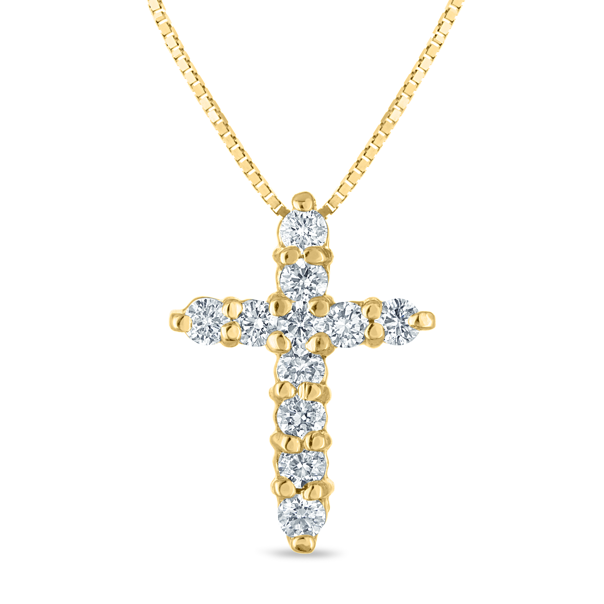 14K gold diamond cross pendant necklace with round brilliant stones on box chain