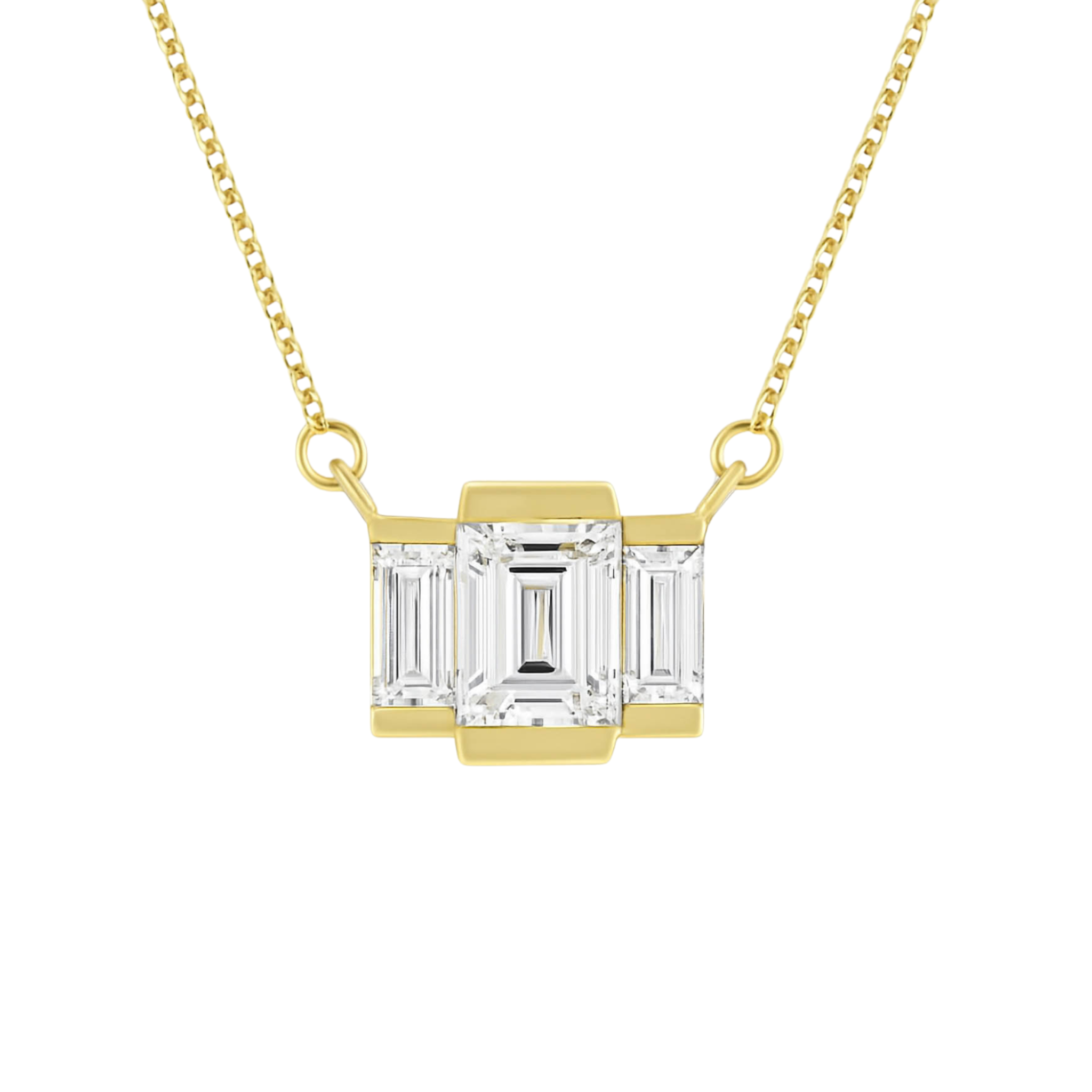 14K gold necklace with three emerald cut diamonds, timeless fine jewelry for everyday wear