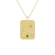 14K gold pendant necklace with peridot, diamonds, and star engraving on dog tag style charm