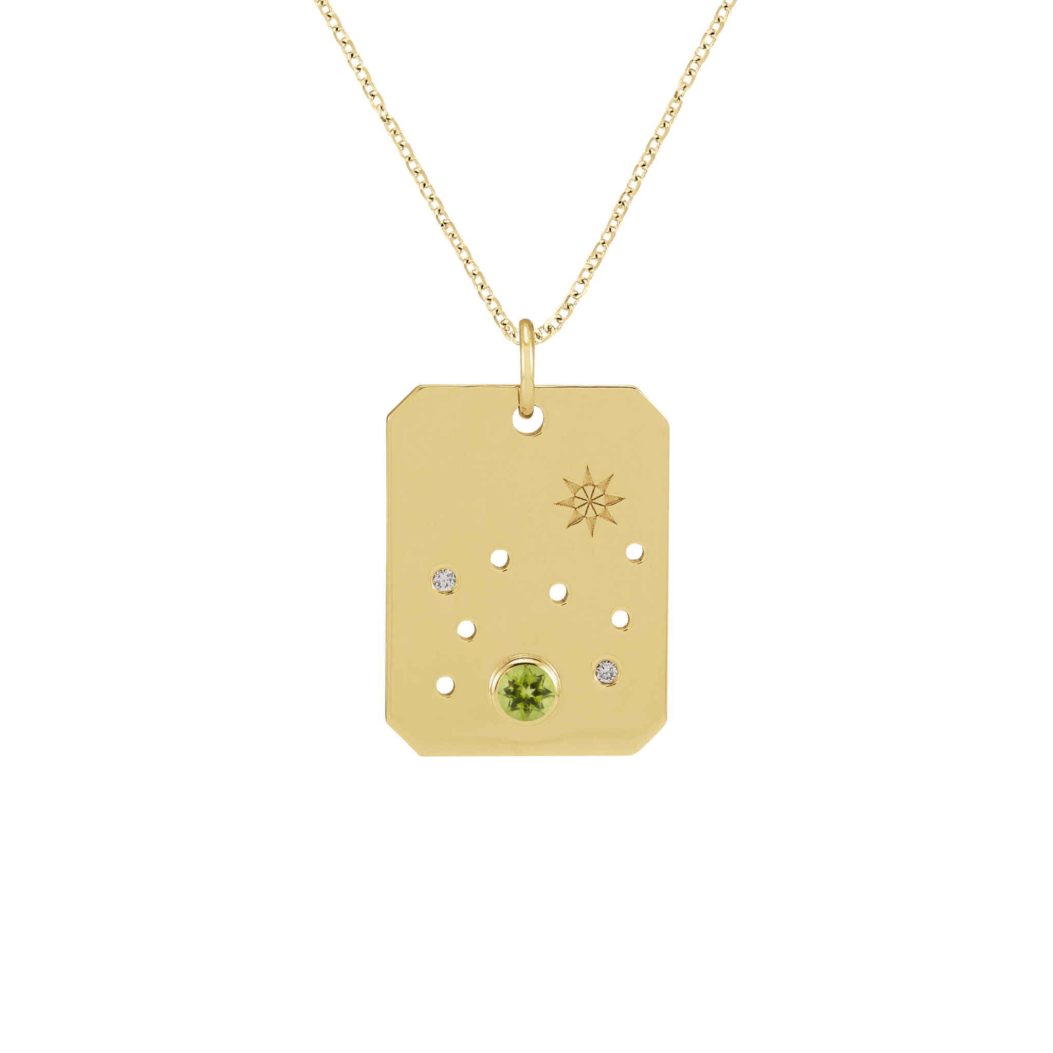 14K gold pendant necklace with peridot, diamonds, and star engraving on dog tag style charm