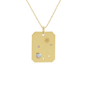 14K gold tag necklace with opal, diamonds, and star engraving, timeless fine jewelry