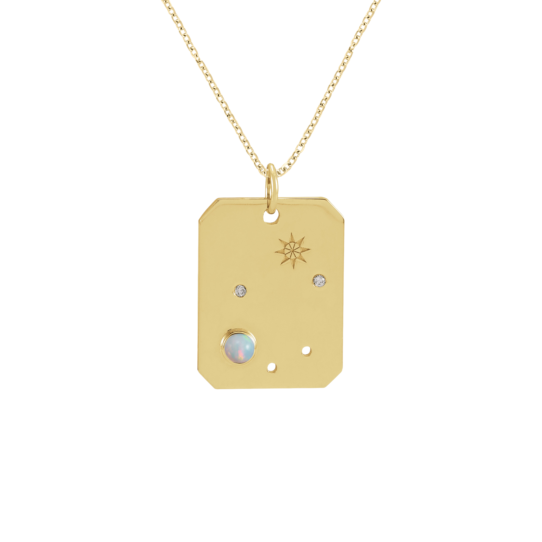 14K gold tag necklace with opal, diamonds, and star engraving, timeless fine jewelry