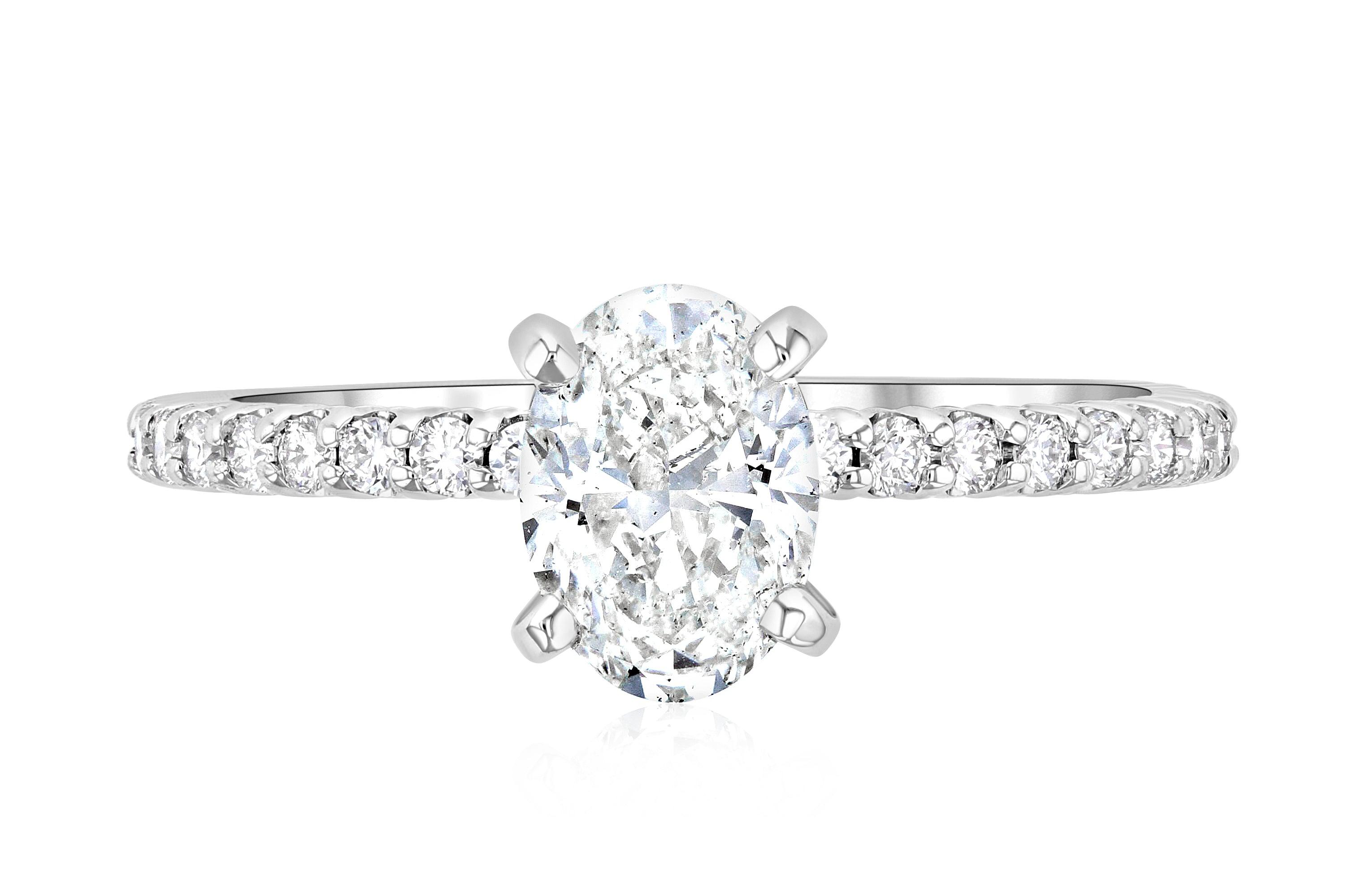 Oval diamond engagement ring with pave band in 14K white gold, timeless fine jewelry