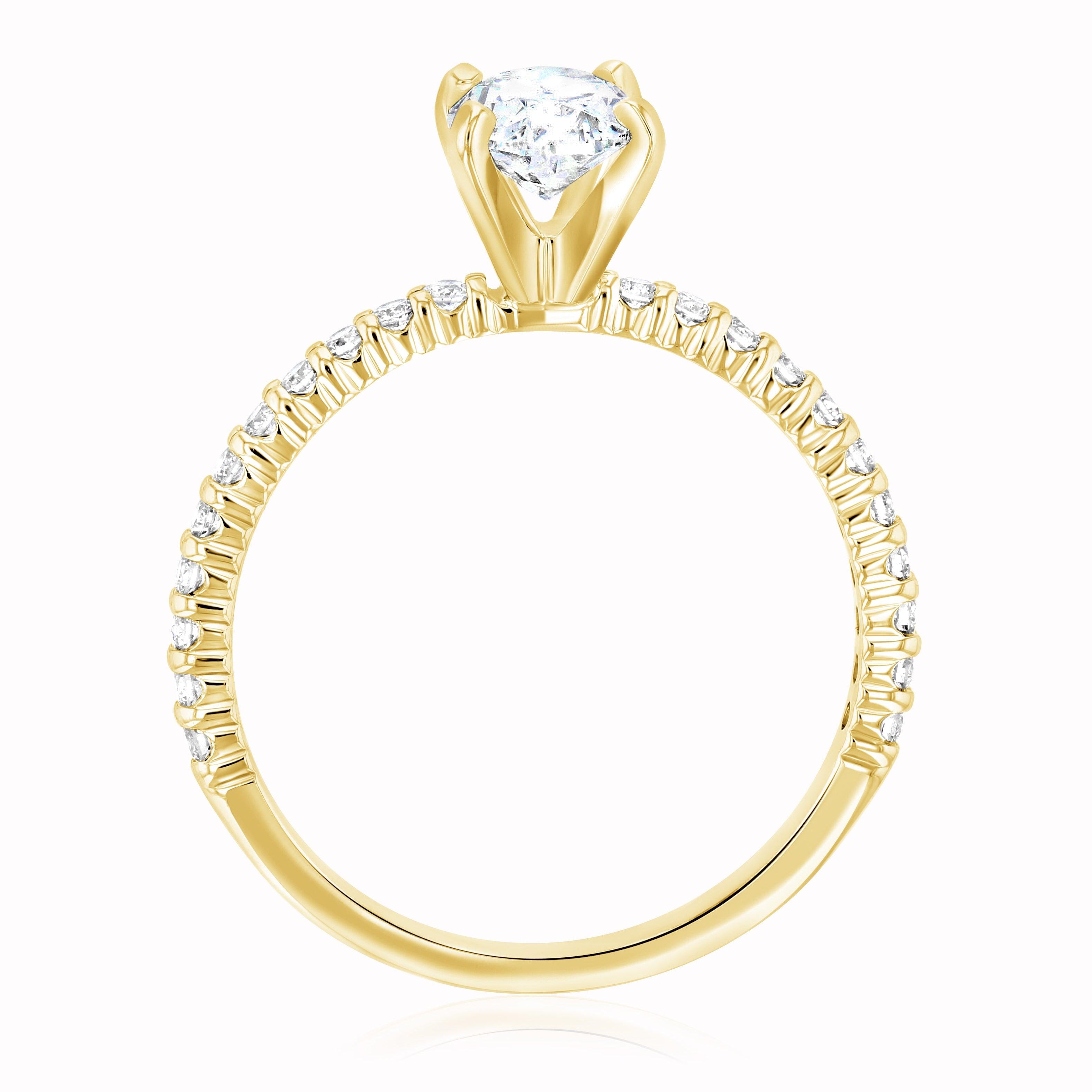 14K gold diamond engagement ring with round center stone and pave band, timeless fine jewelry
