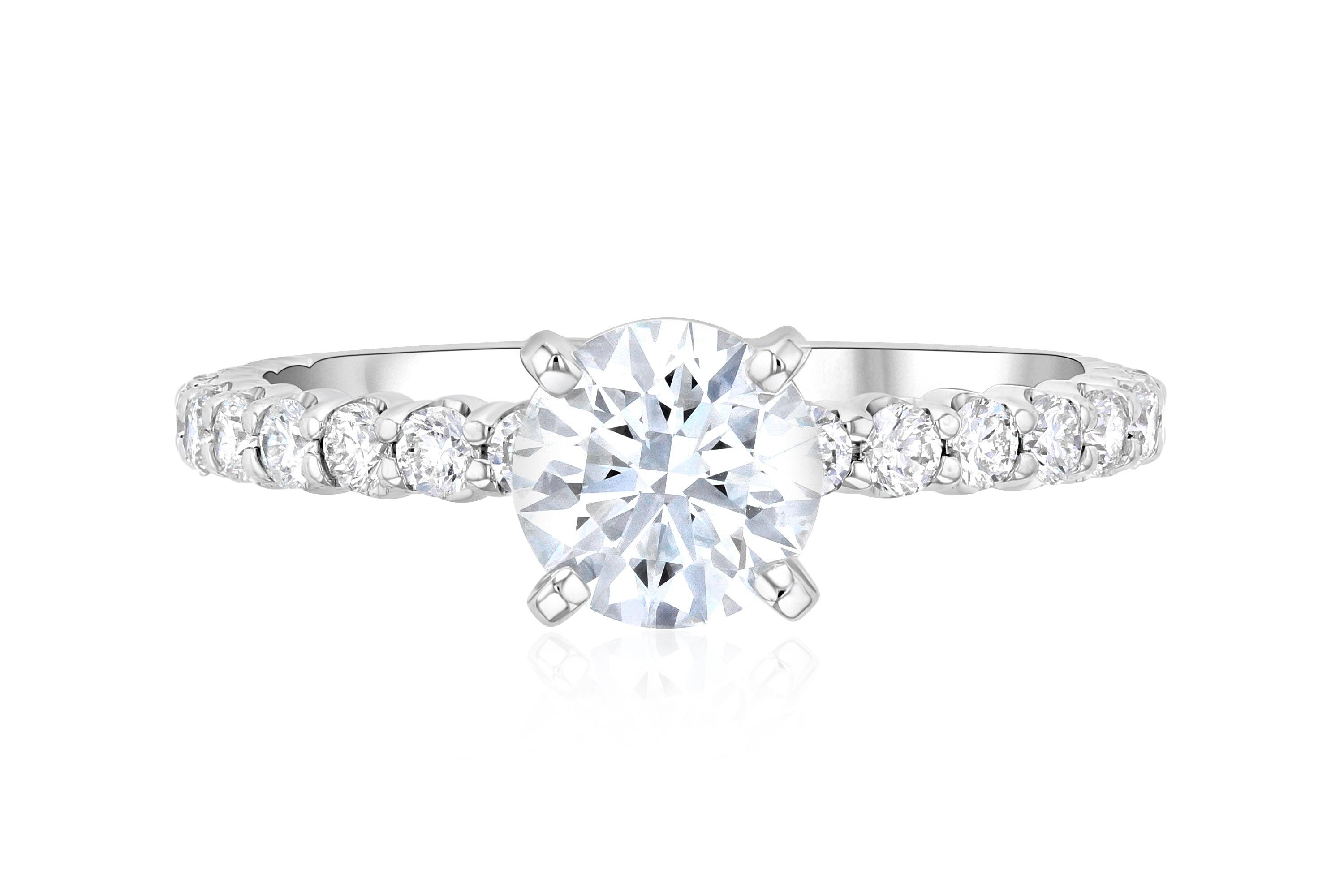 14K gold diamond engagement ring with round center stone and pave band, timeless fine jewelry