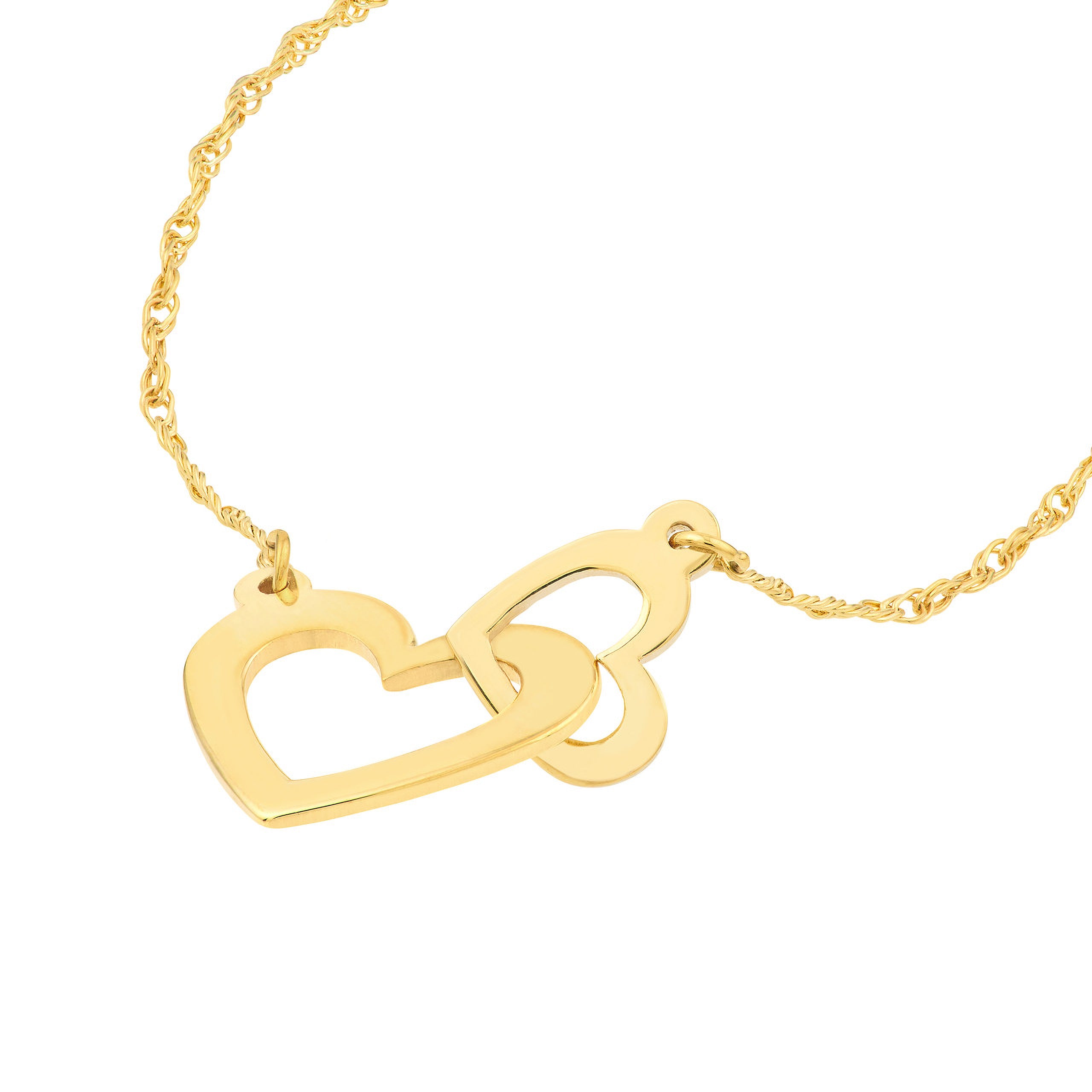 14K gold necklace with interlocking heart pendant on rope chain, timeless fine jewelry