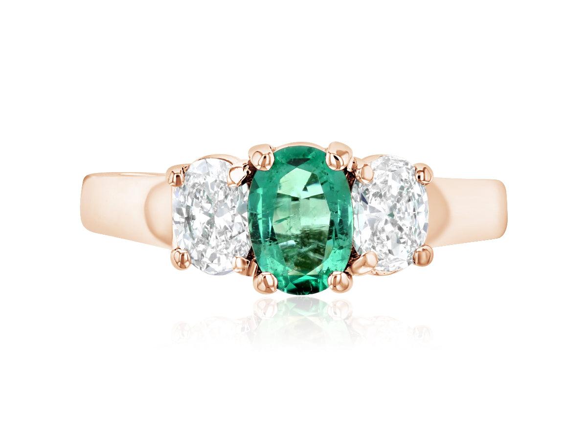 Oval Diamond and Emerald Three-Stone Ring in 14k Rose Gold (1.45 ct. tw.)