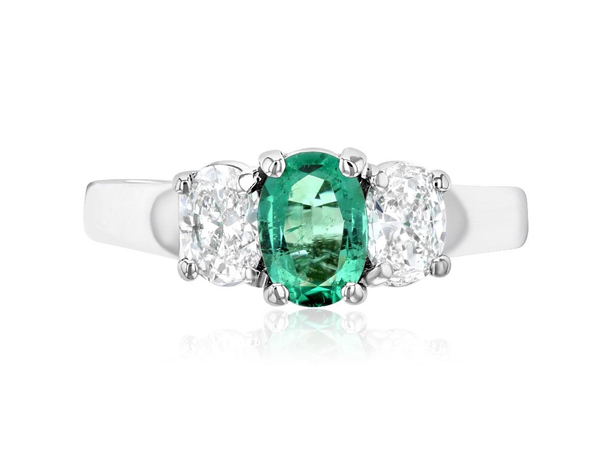 Emerald and diamond three-stone ring in 14K white gold, timeless fine jewelry design