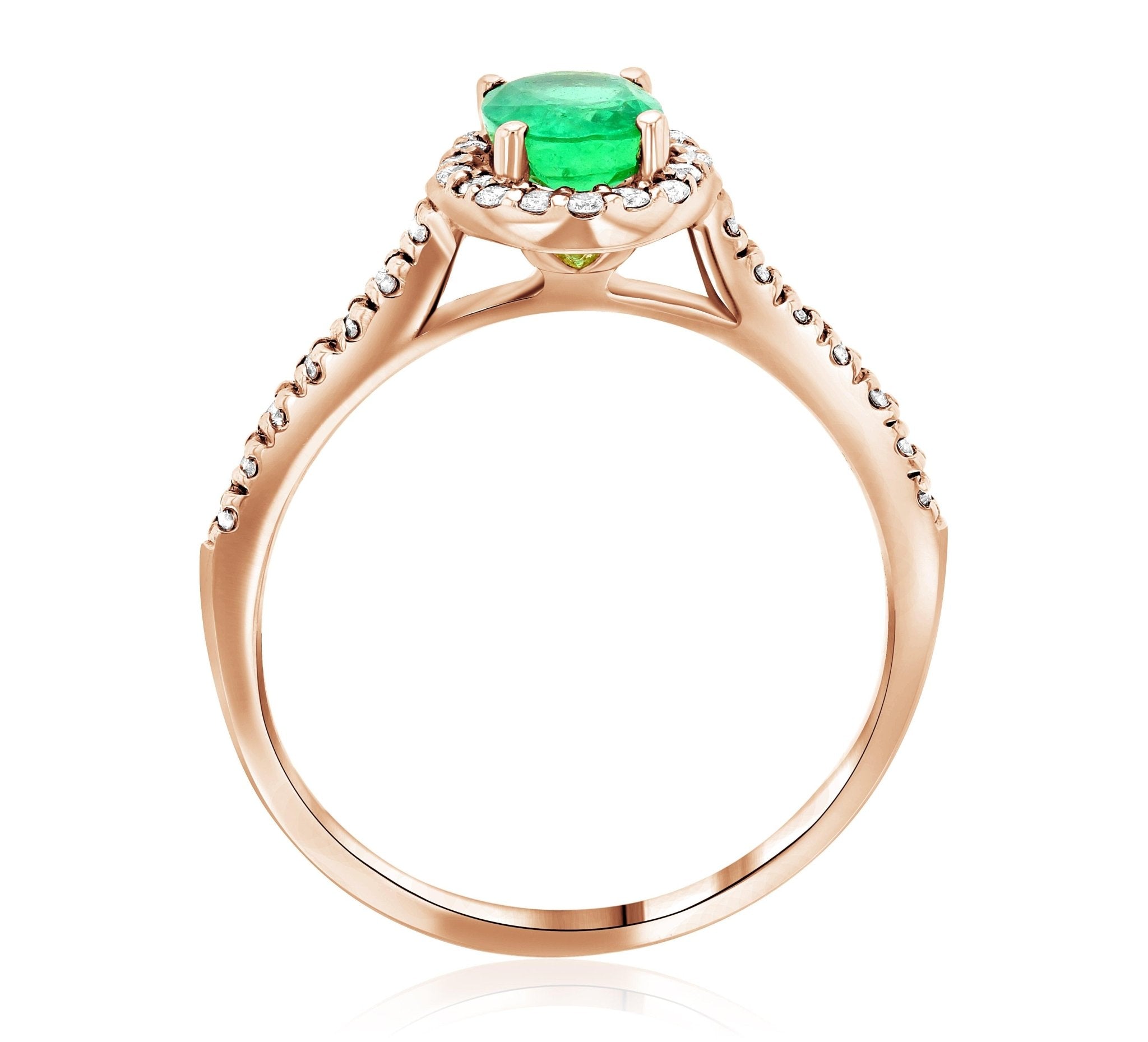 Oval Emerald and Diamond Halo Engagement Ring in 14k Rose Gold