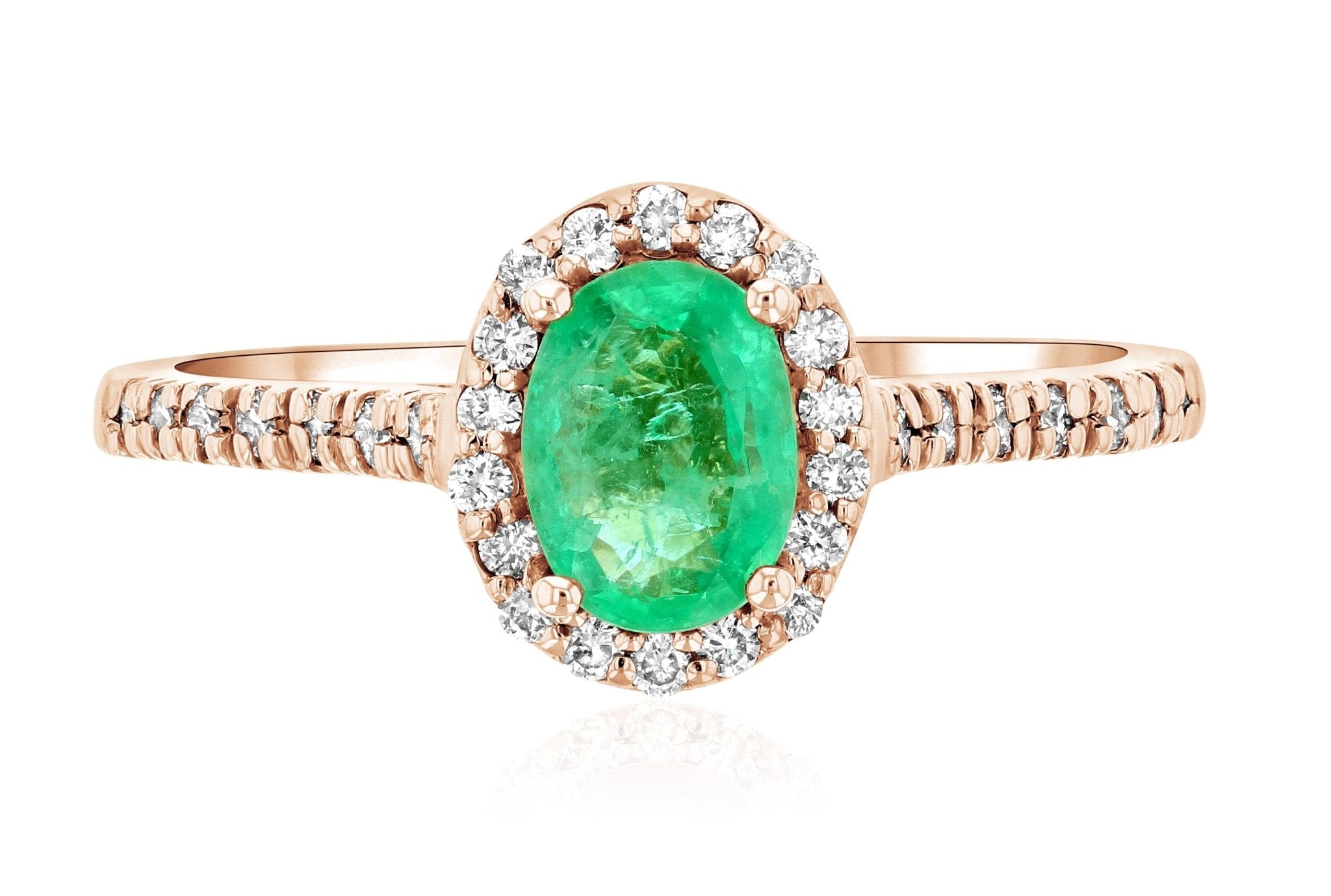 Oval Emerald and Diamond Halo Engagement Ring in 14k Rose Gold