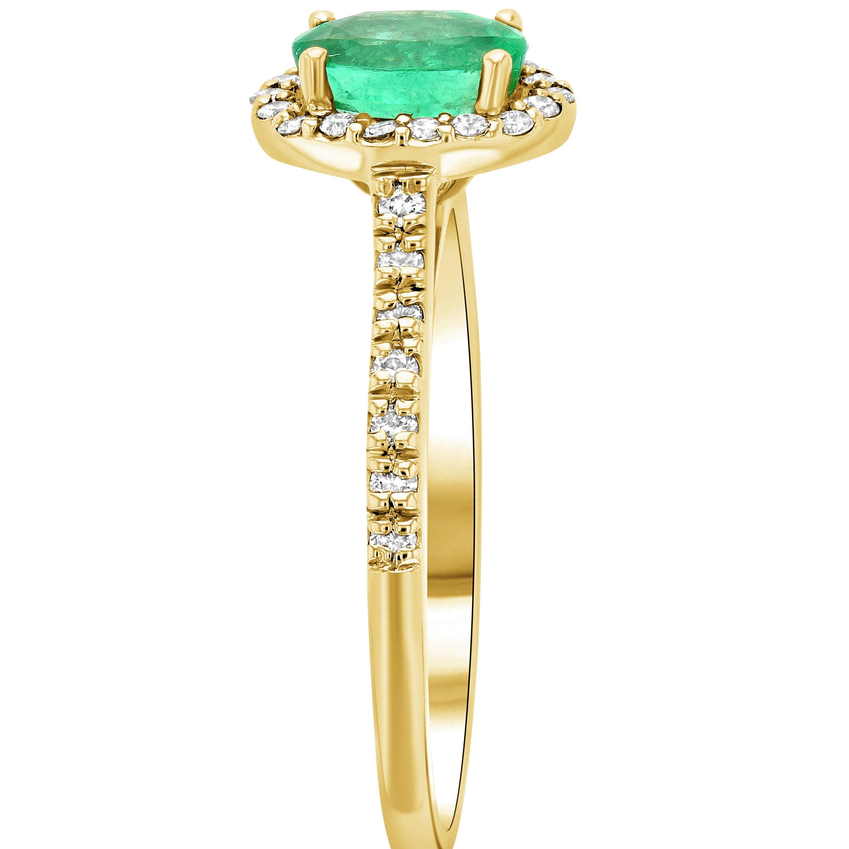 14K gold emerald ring with diamond halo and side accents, timeless fine jewelry