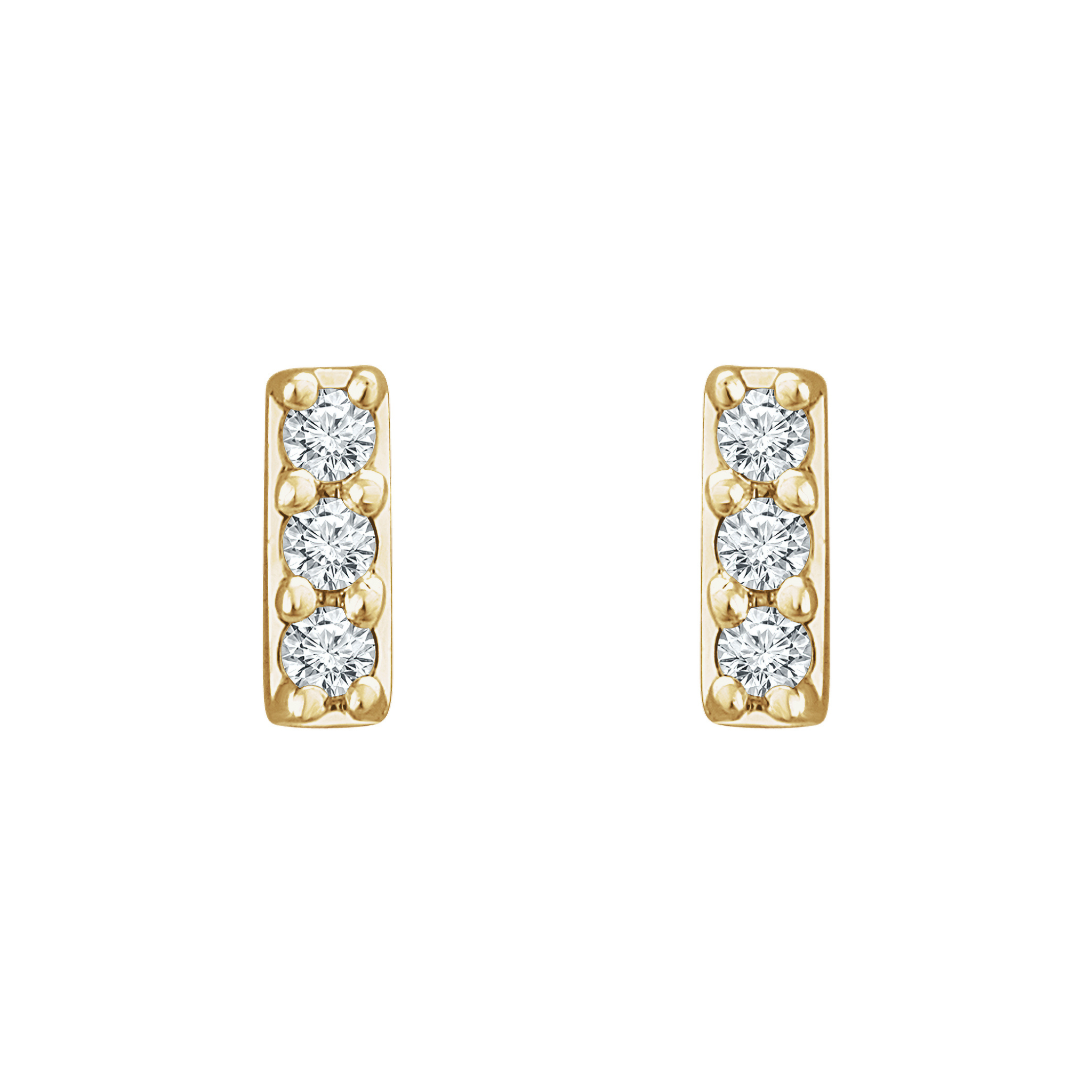 14K gold stud earrings with three round diamonds each, timeless fine jewelry for everyday wear