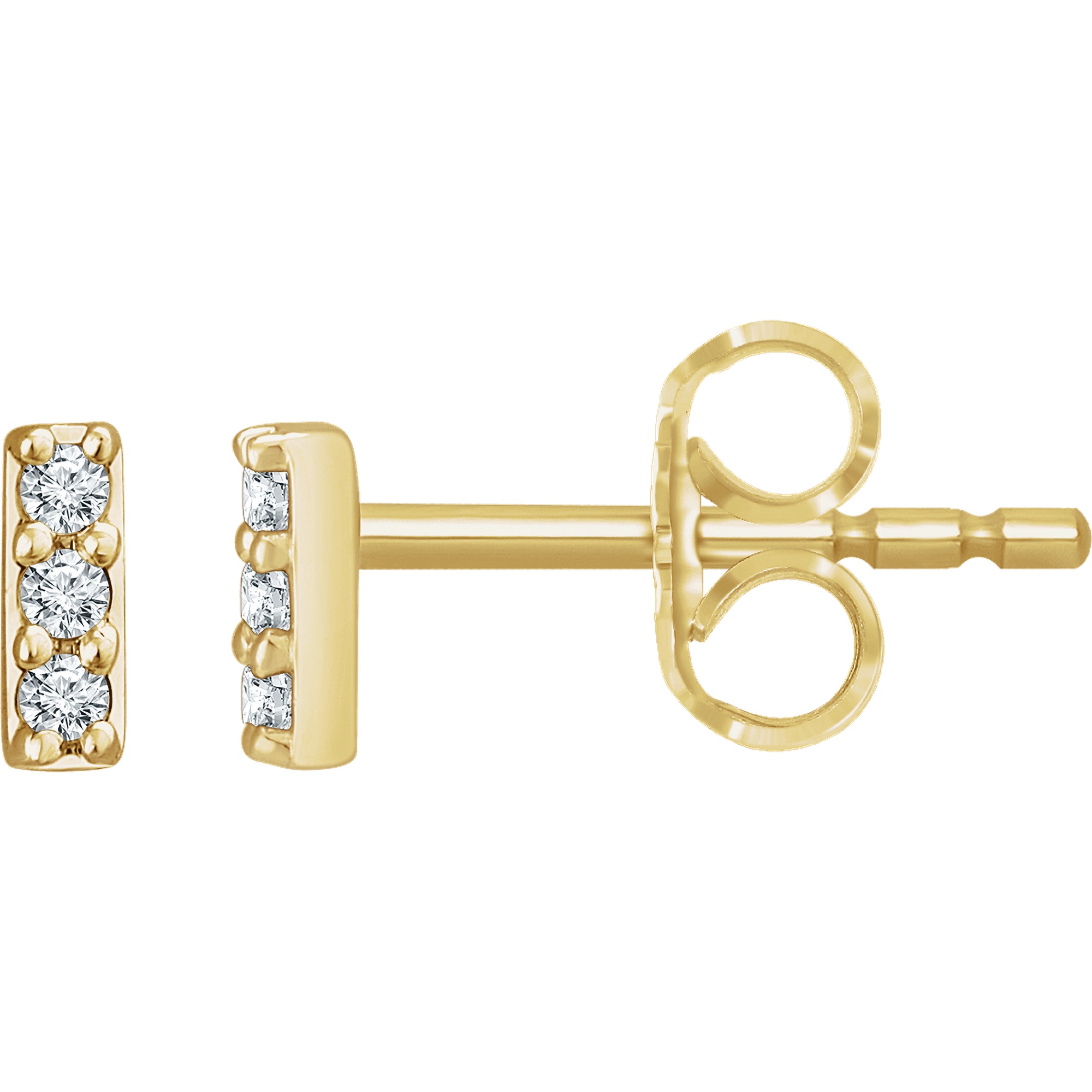 14K gold diamond stud earrings with three round diamonds in a vertical bar design
